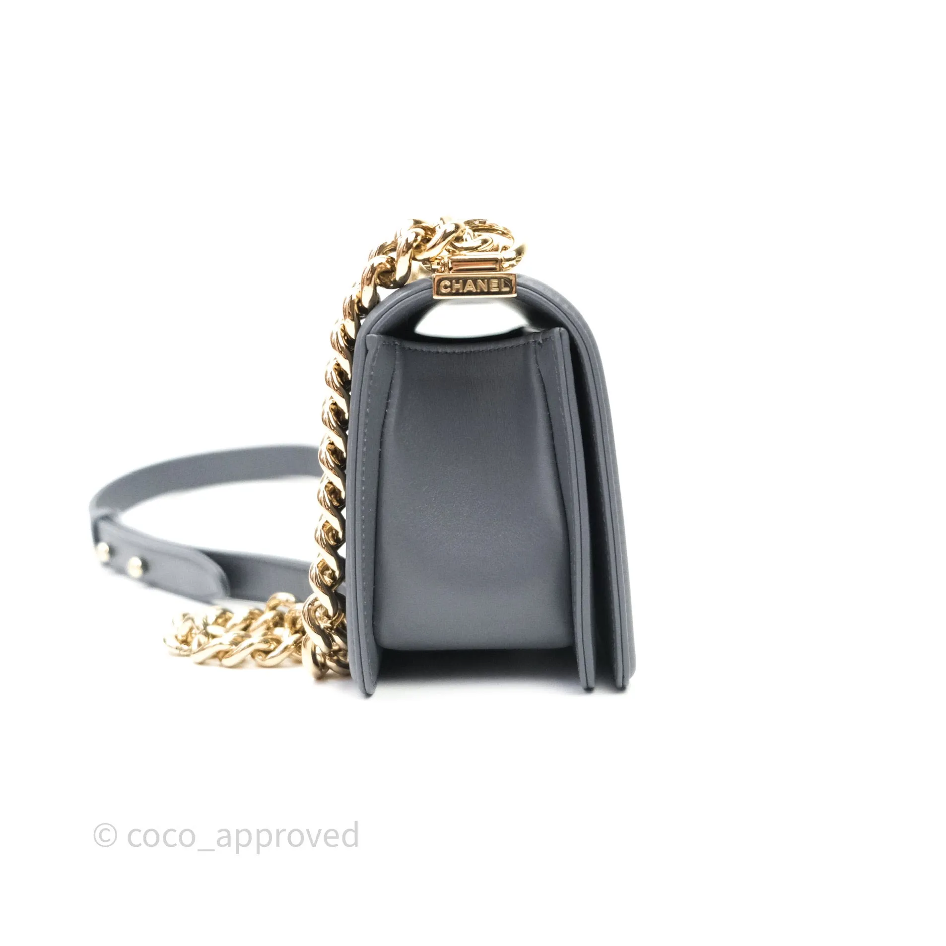 Chanel Small Boy Chevron Grey Calfskin Gold Hardware