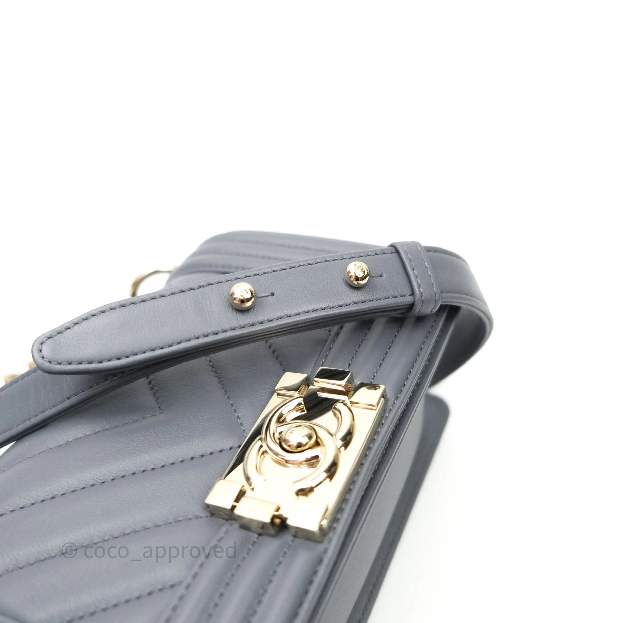 Chanel Small Boy Chevron Grey Calfskin Gold Hardware
