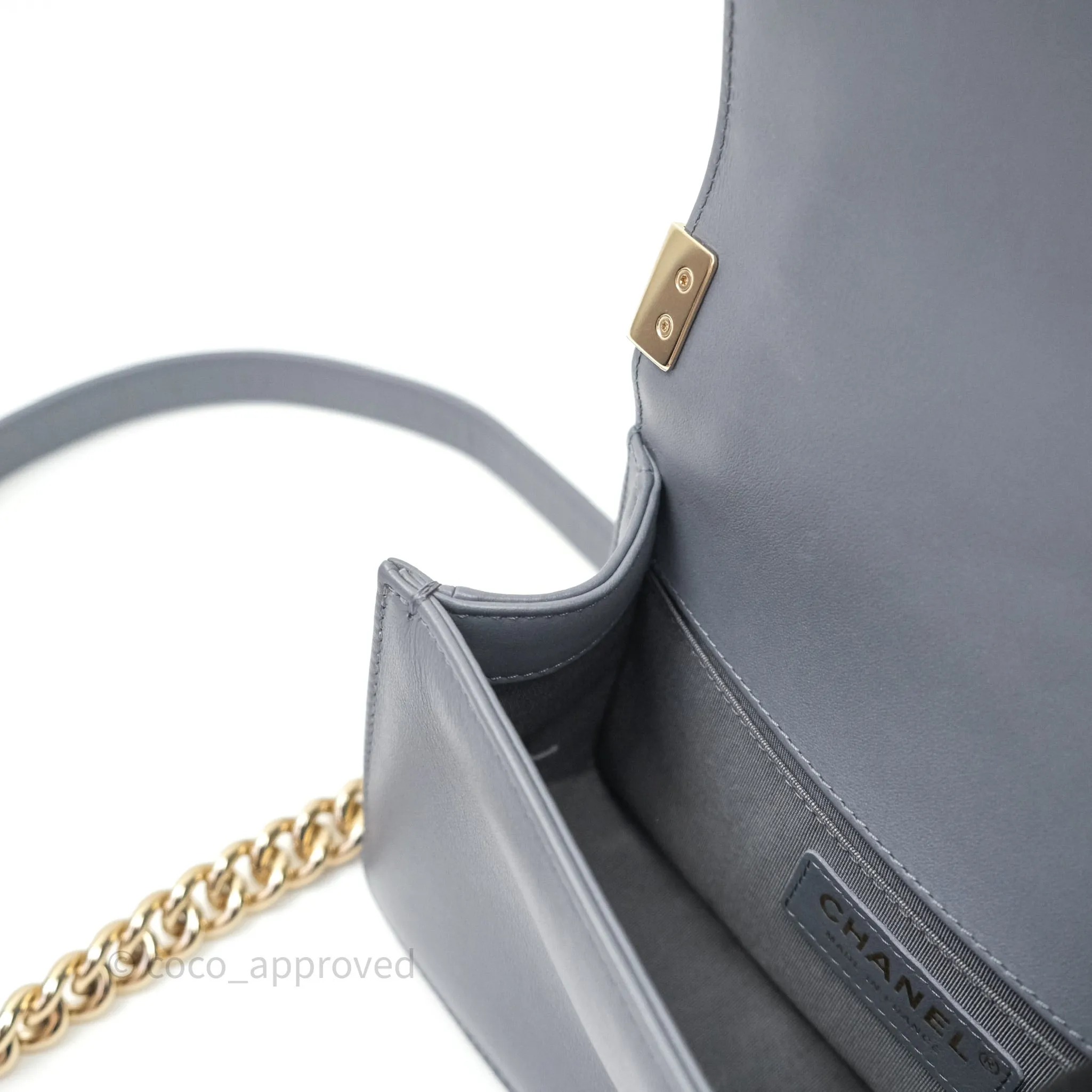Chanel Small Boy Chevron Grey Calfskin Gold Hardware