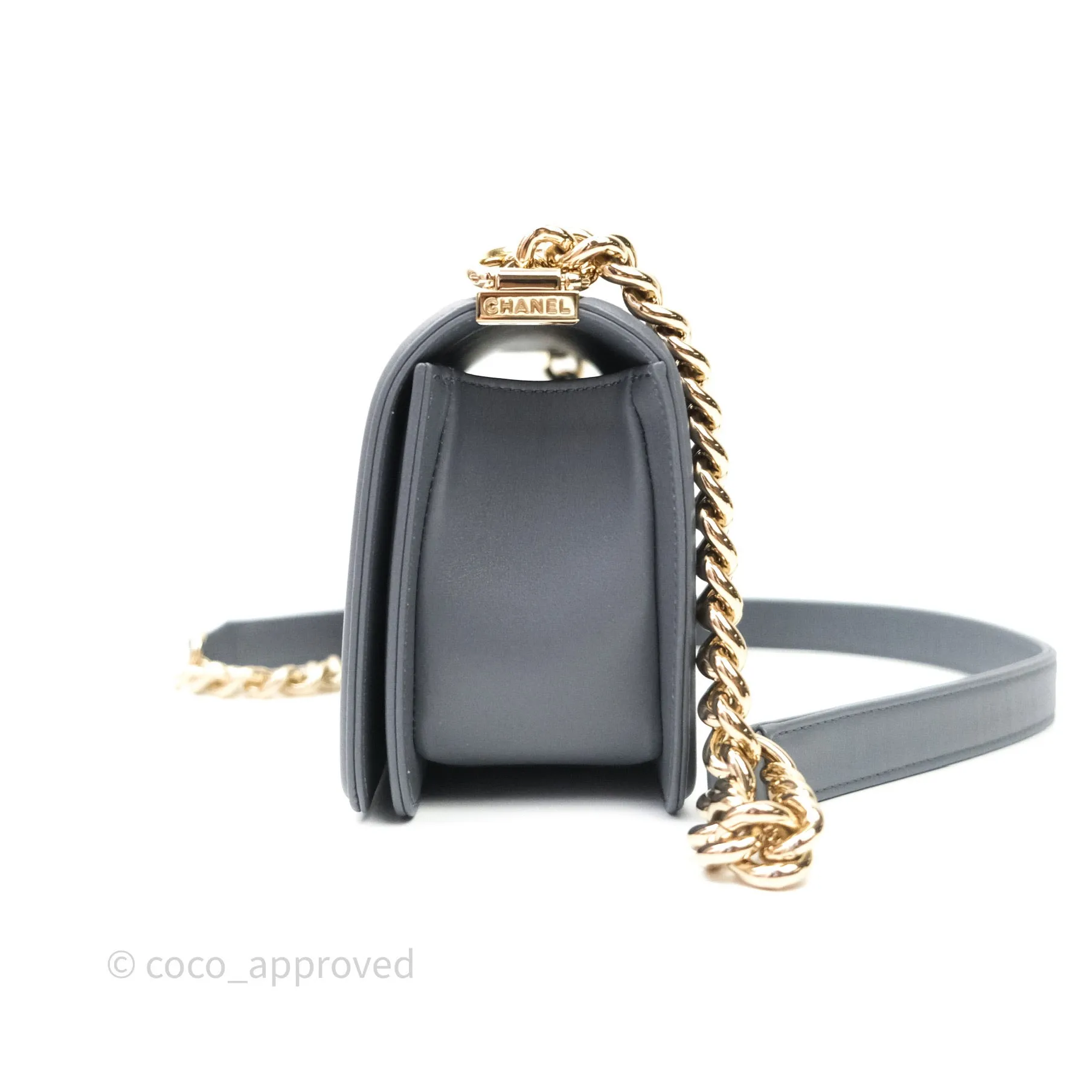 Chanel Small Boy Chevron Grey Calfskin Gold Hardware