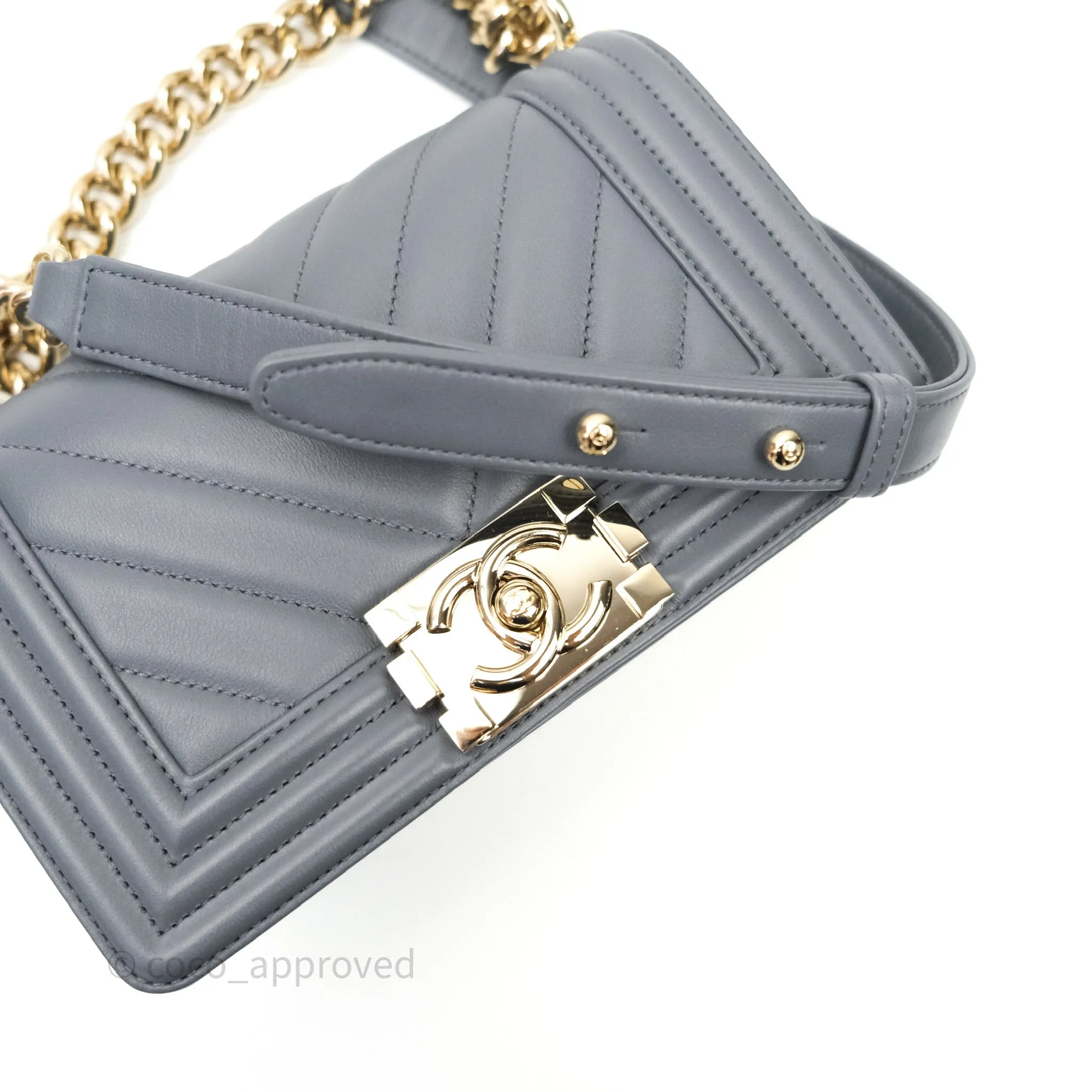 Chanel Small Boy Chevron Grey Calfskin Gold Hardware