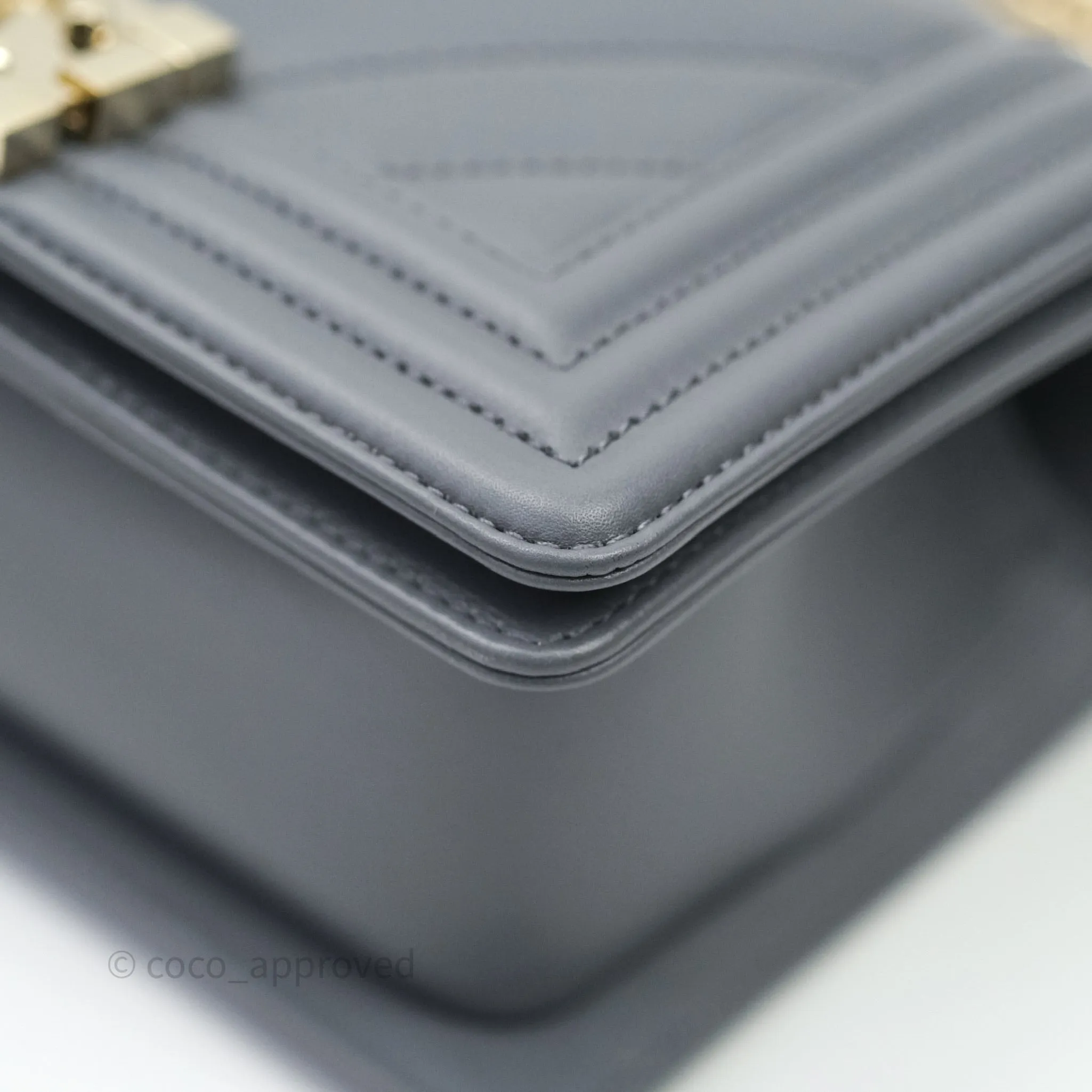 Chanel Small Boy Chevron Grey Calfskin Gold Hardware