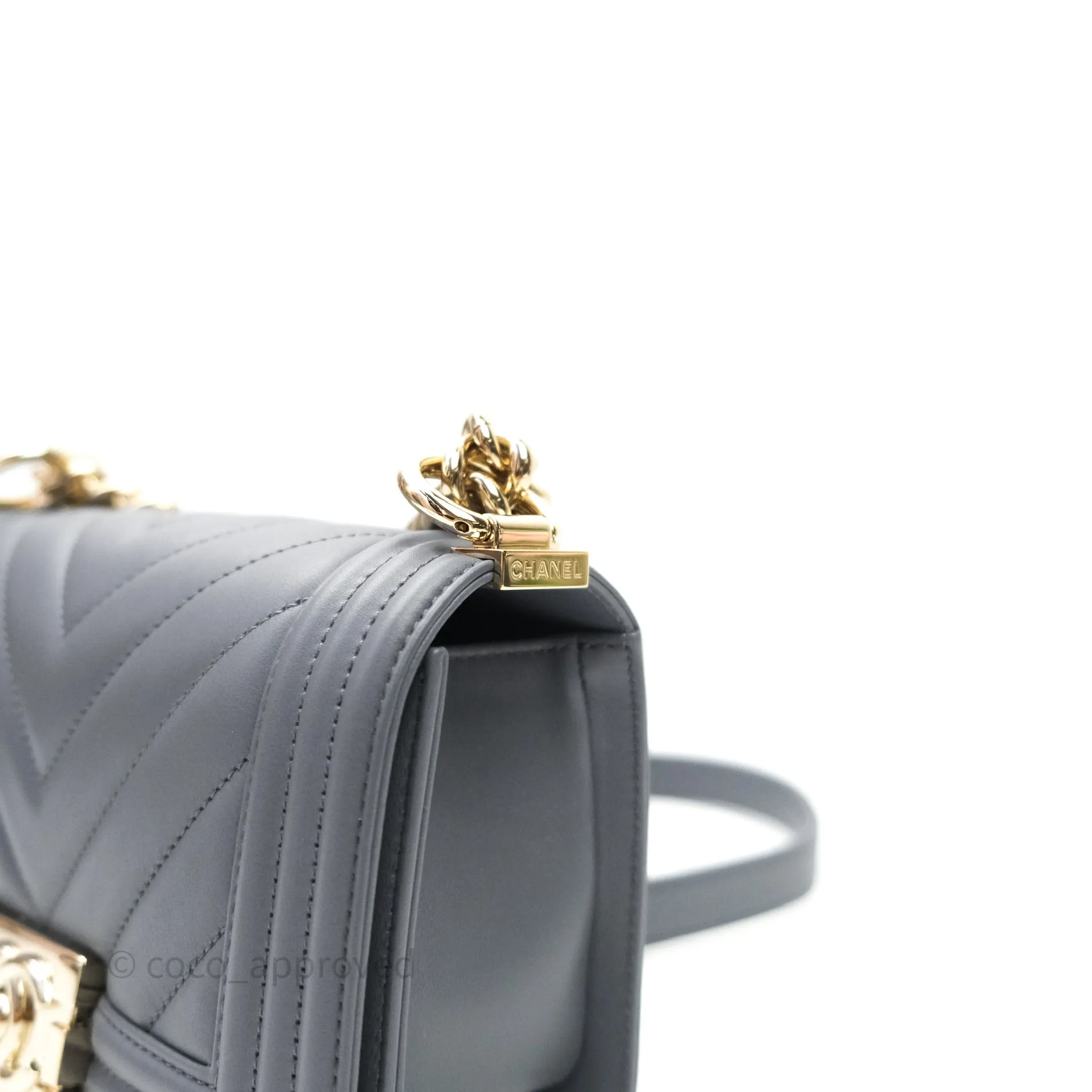 Chanel Small Boy Chevron Grey Calfskin Gold Hardware