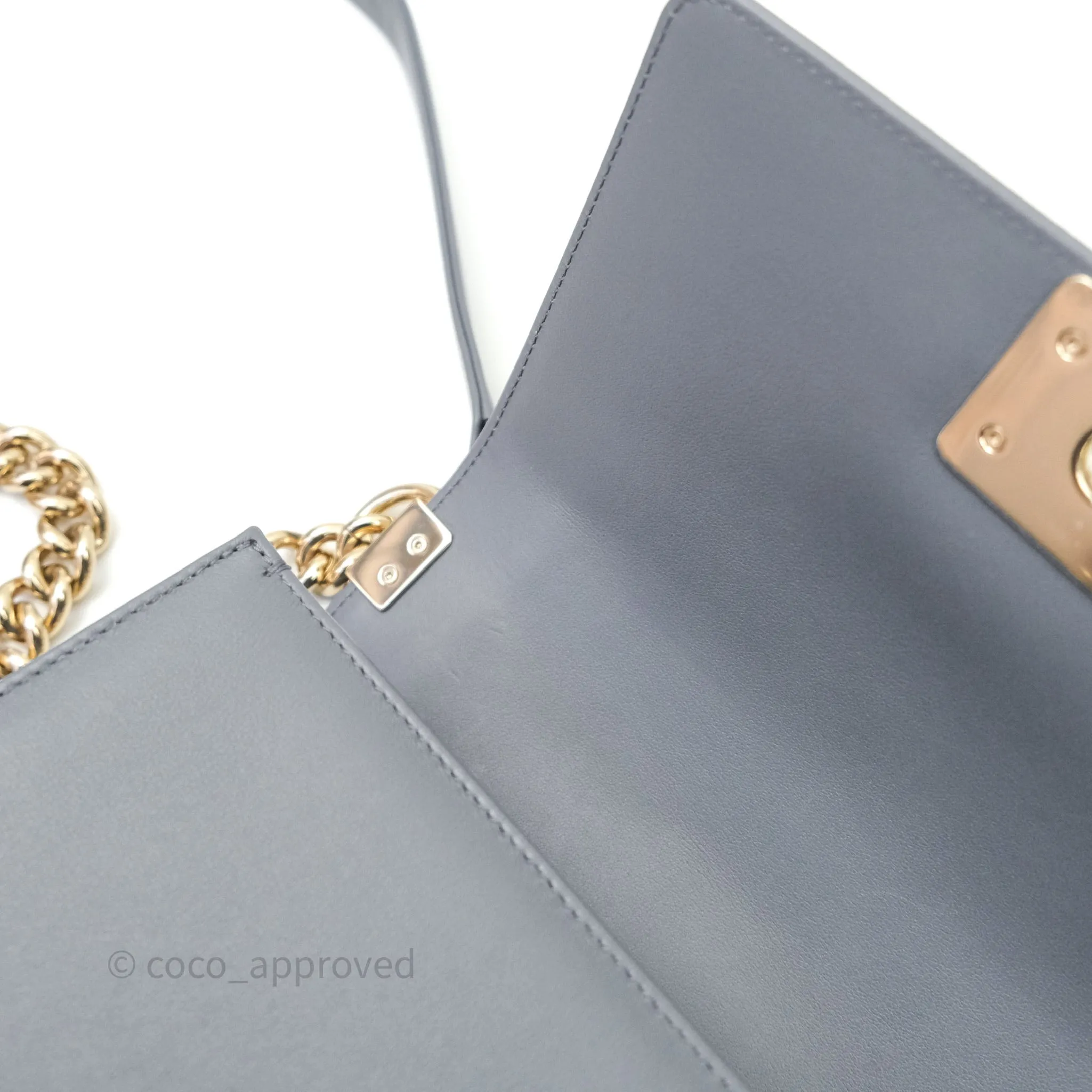Chanel Small Boy Chevron Grey Calfskin Gold Hardware