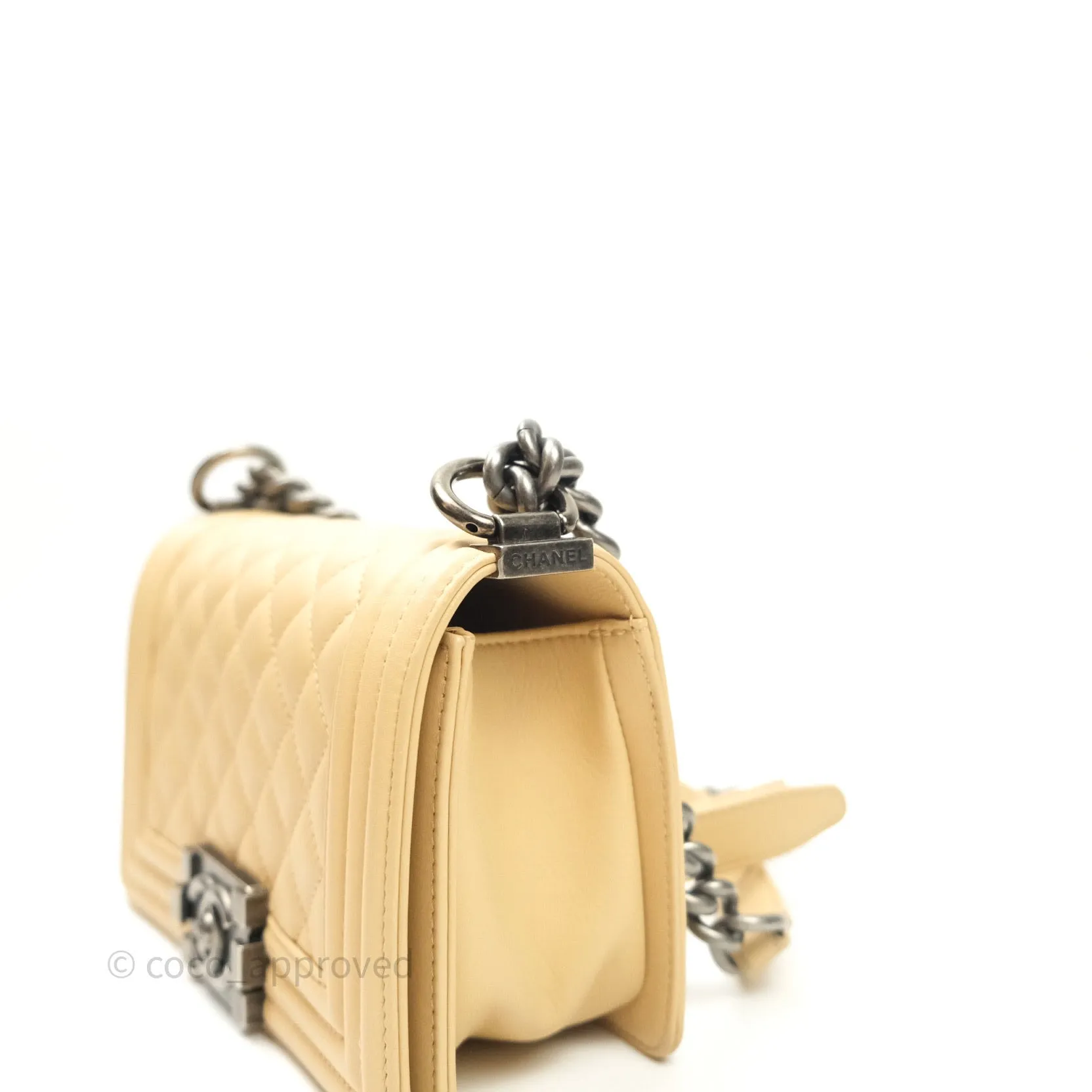 Chanel Small Boy Quilted Beige Calfskin Ruthenium Hardware