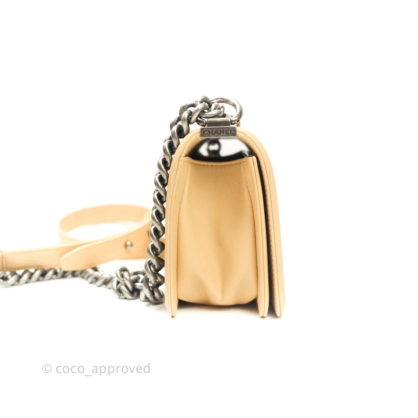 Chanel Small Boy Quilted Beige Calfskin Ruthenium Hardware