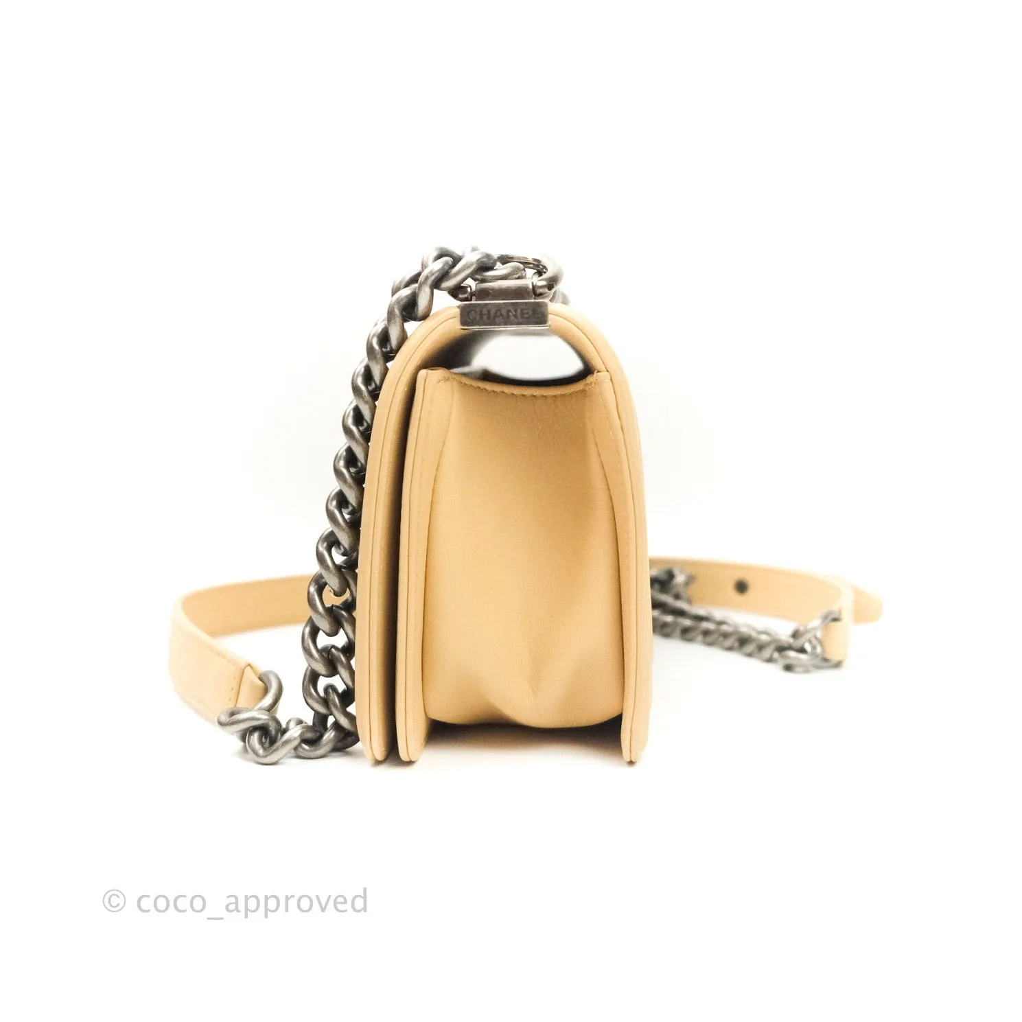 Chanel Small Boy Quilted Beige Calfskin Ruthenium Hardware