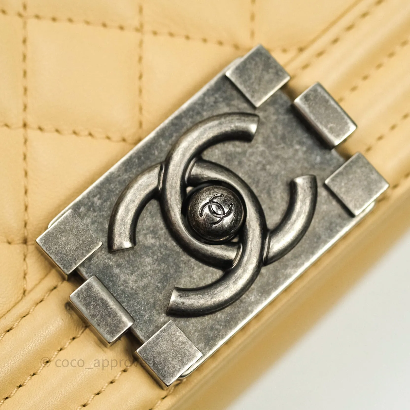 Chanel Small Boy Quilted Beige Calfskin Ruthenium Hardware
