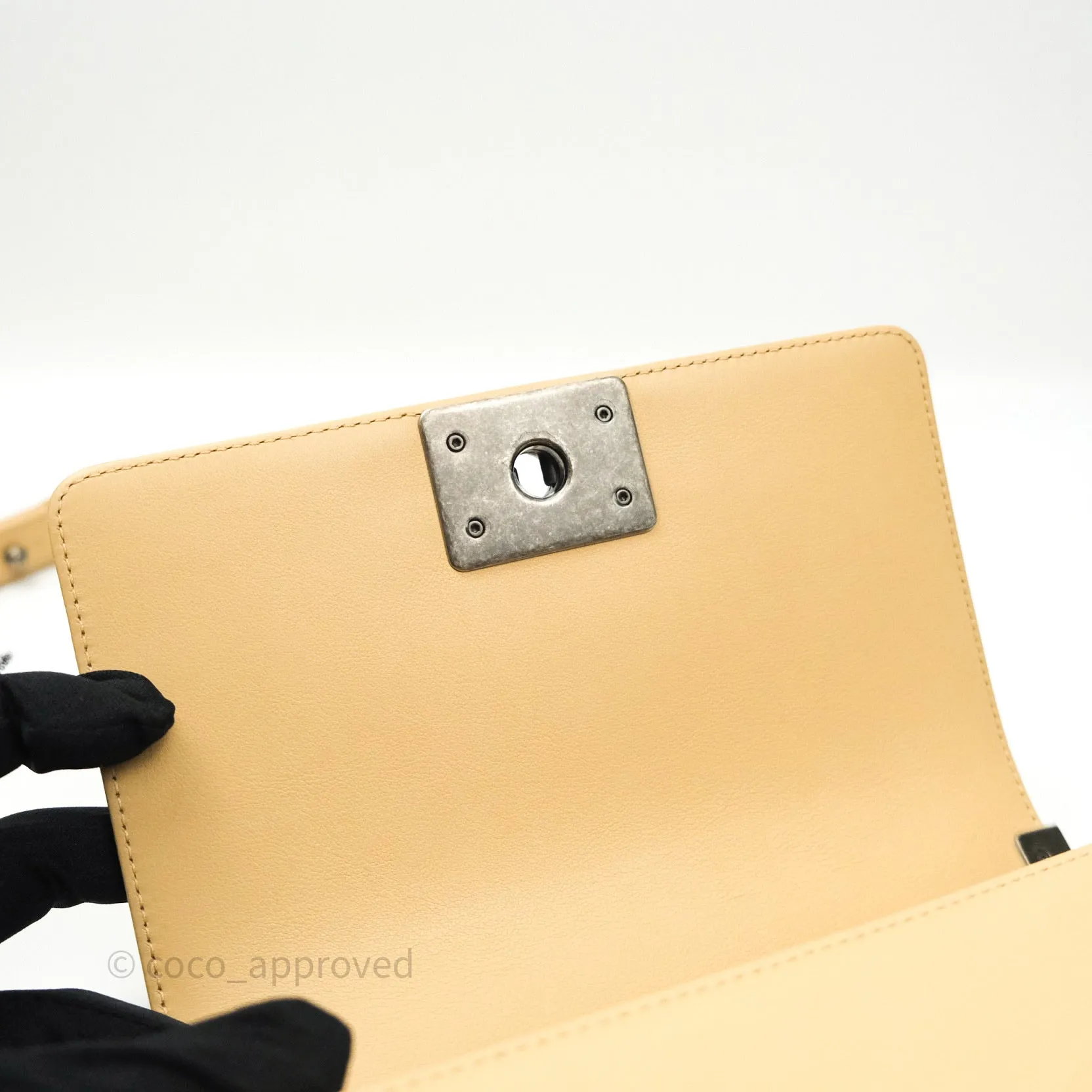 Chanel Small Boy Quilted Beige Calfskin Ruthenium Hardware