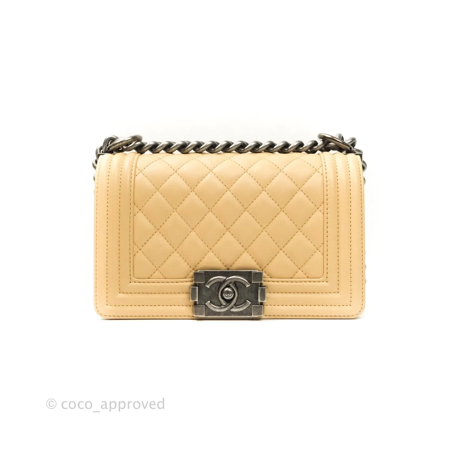 Chanel Small Boy Quilted Beige Calfskin Ruthenium Hardware