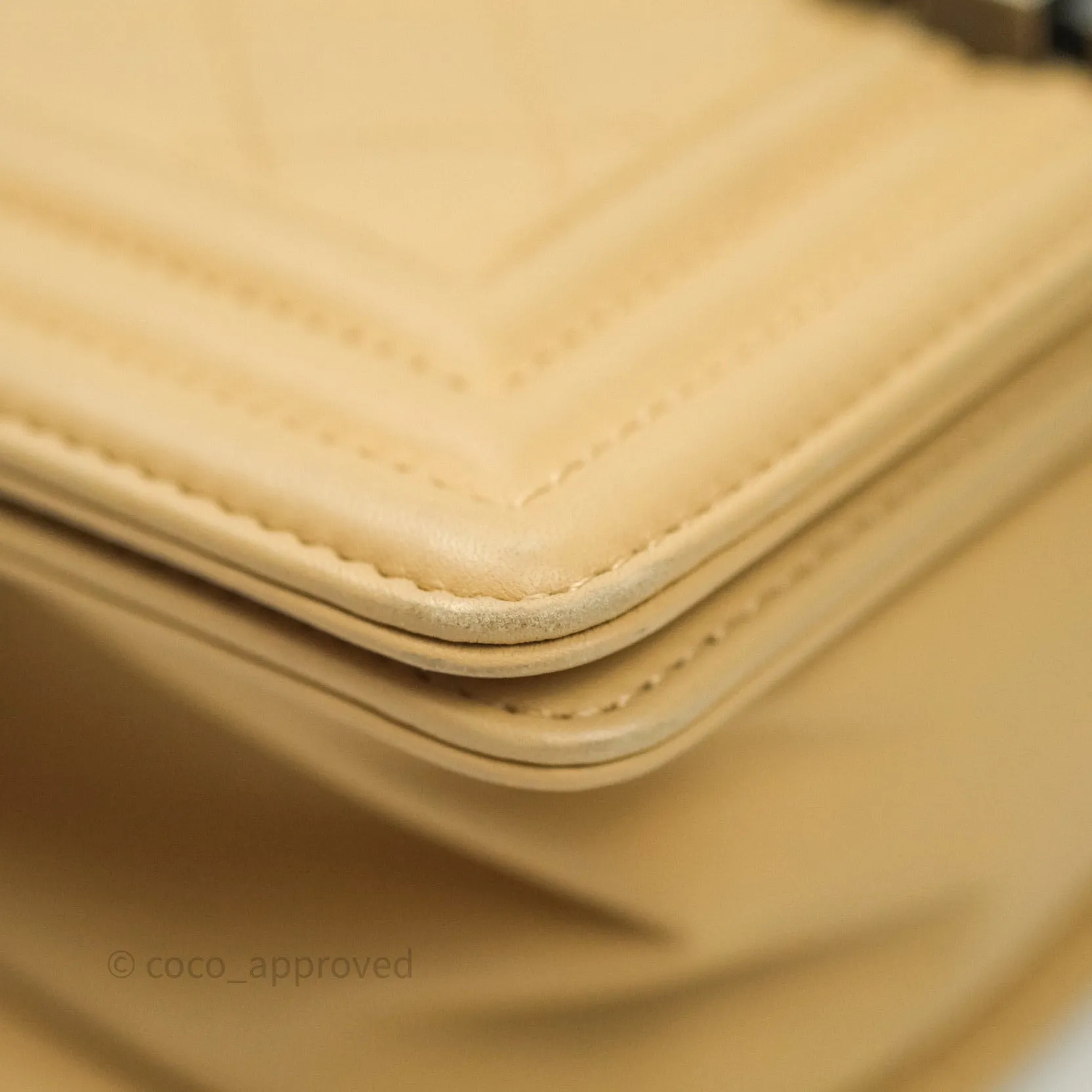 Chanel Small Boy Quilted Beige Calfskin Ruthenium Hardware