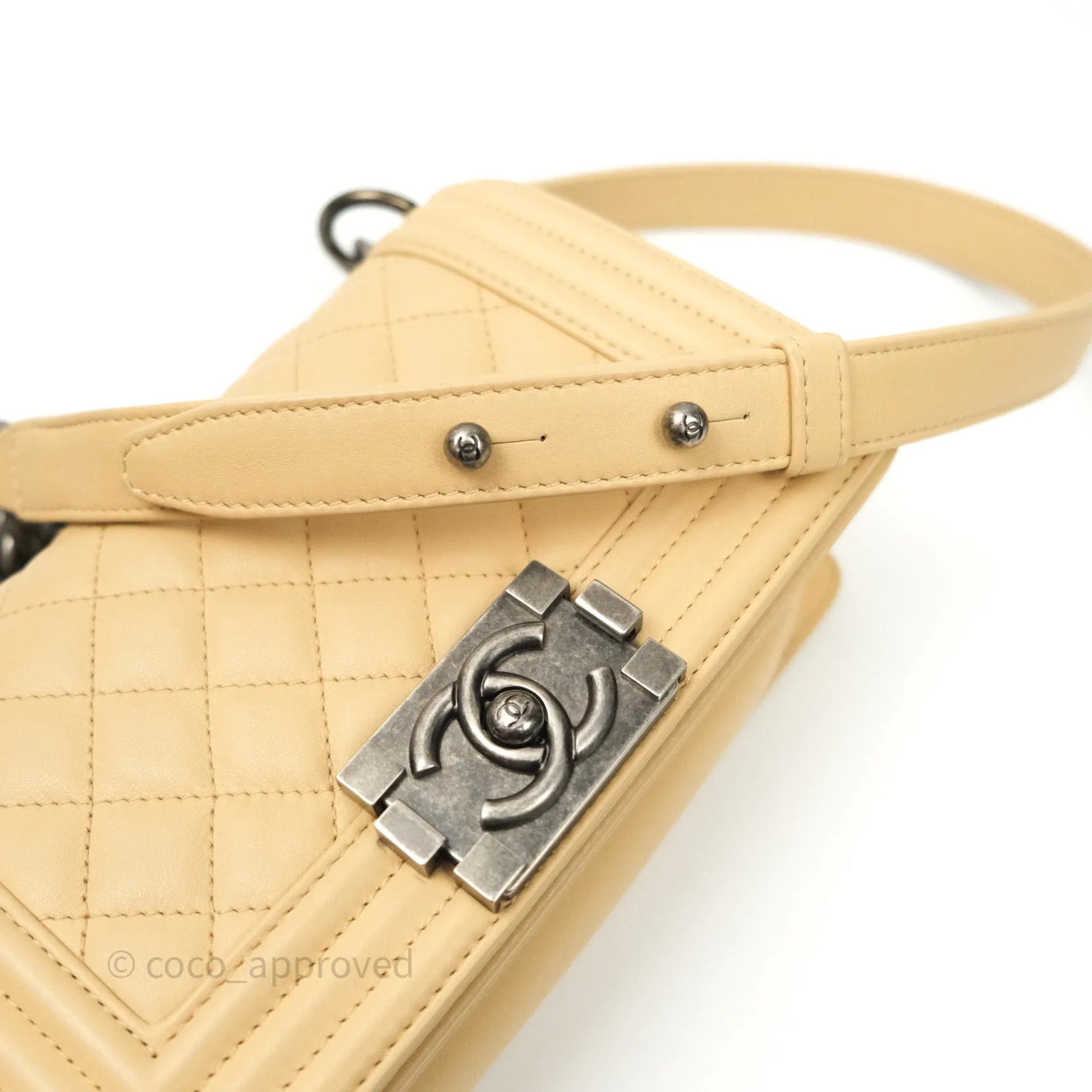 Chanel Small Boy Quilted Beige Calfskin Ruthenium Hardware