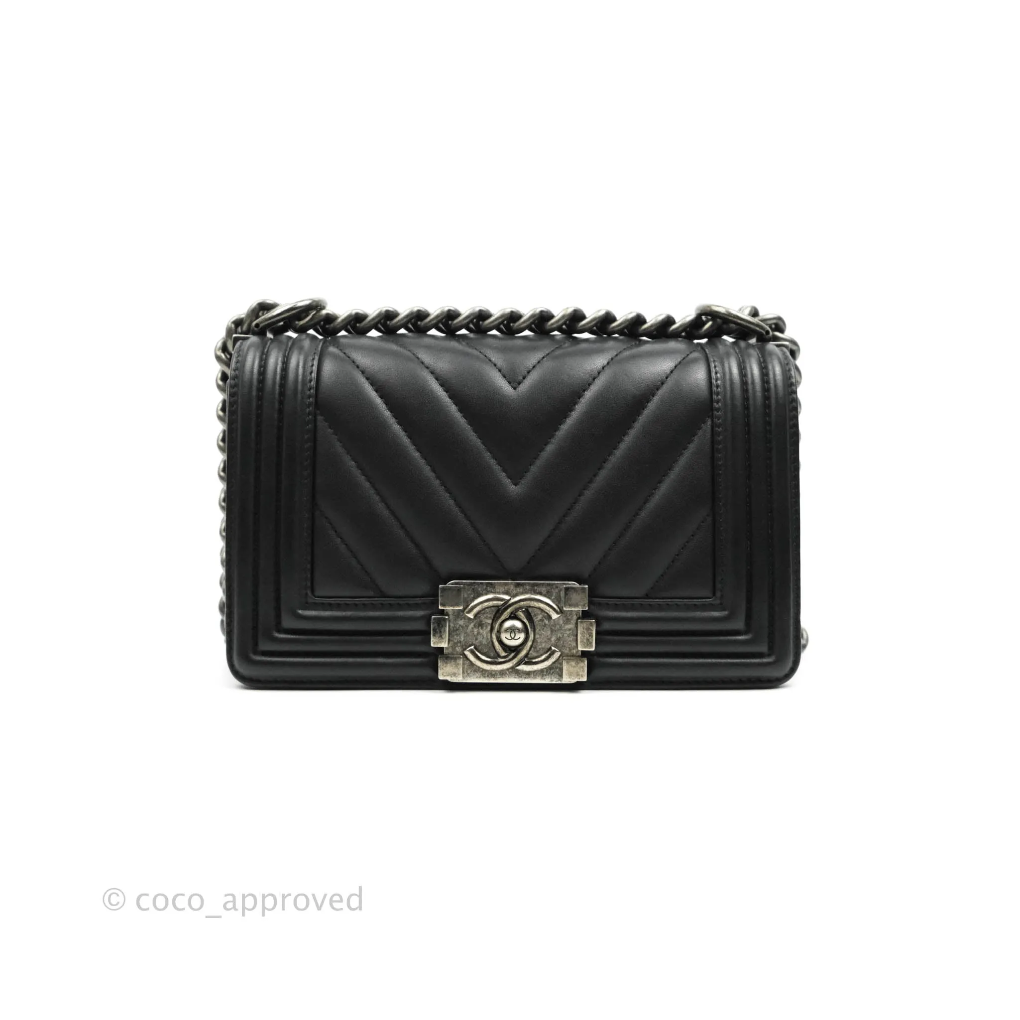 Chanel Small Chevron Boy Black Calfskin Ruthenium Hardware