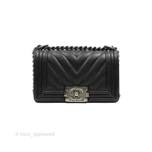 Chanel Small Chevron Boy Black Calfskin Ruthenium Hardware