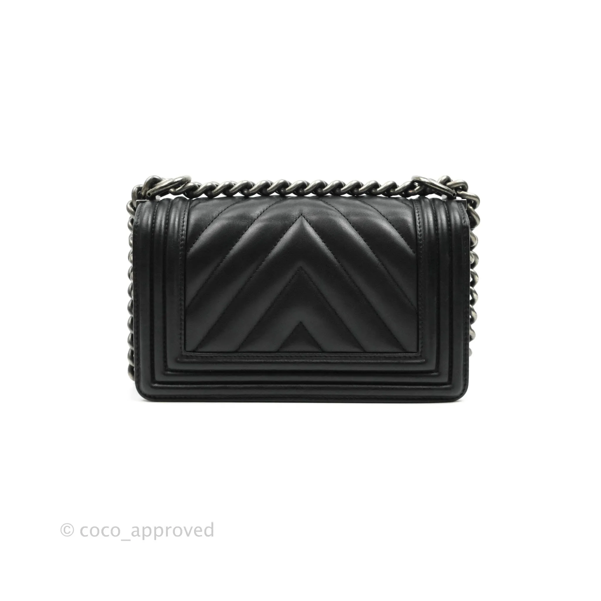 Chanel Small Chevron Boy Black Calfskin Ruthenium Hardware