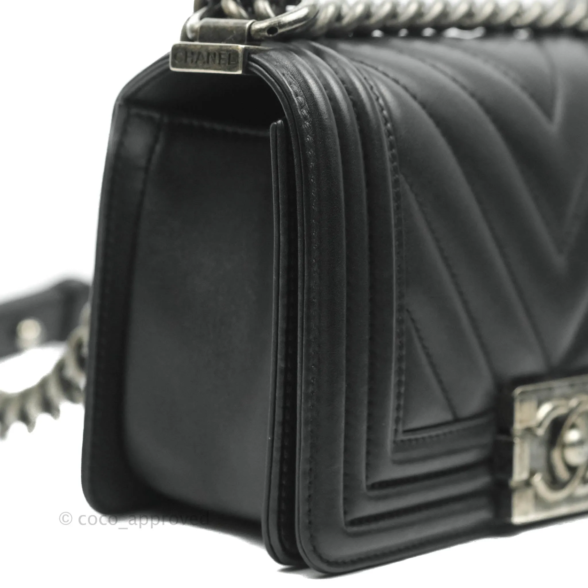 Chanel Small Chevron Boy Black Calfskin Ruthenium Hardware