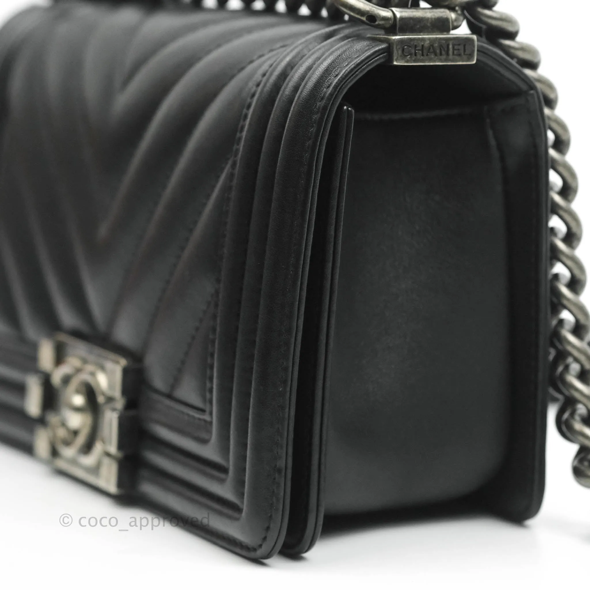 Chanel Small Chevron Boy Black Calfskin Ruthenium Hardware