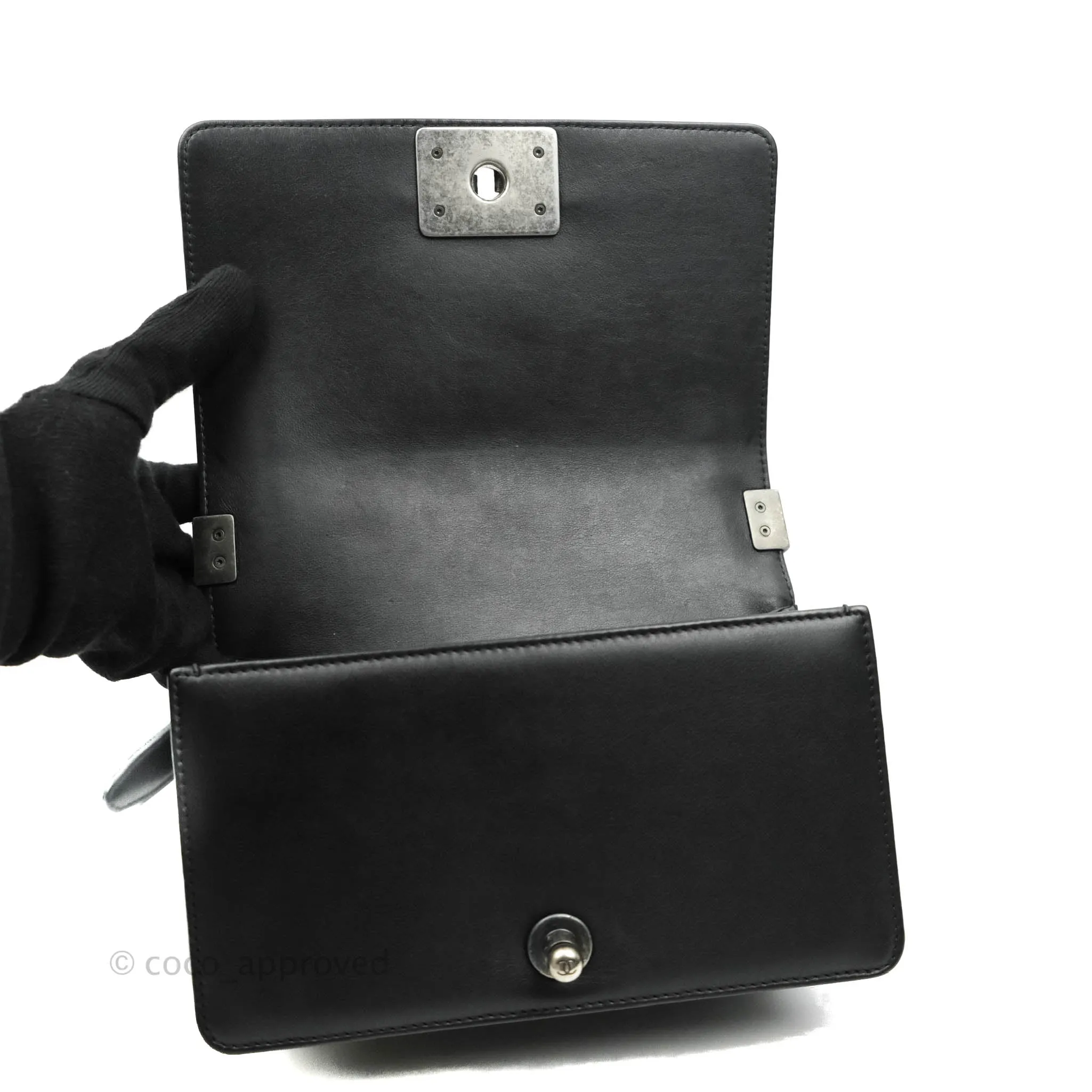 Chanel Small Chevron Boy Black Calfskin Ruthenium Hardware