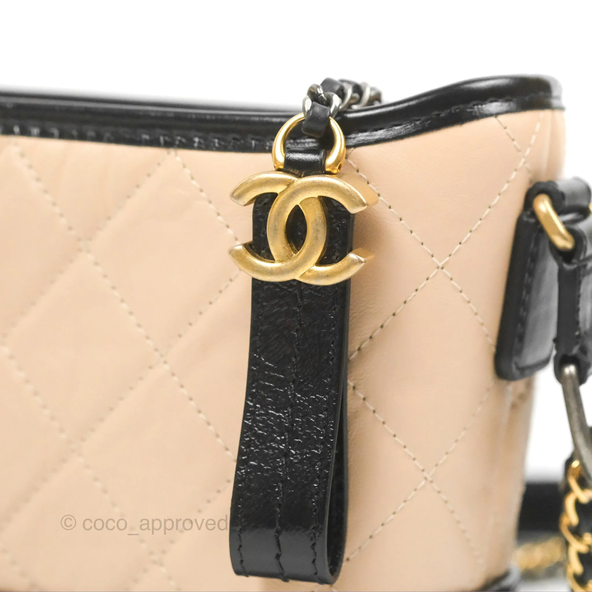 Chanel Small Gabrielle Hobo Quilted Beige Black Aged Calfskin