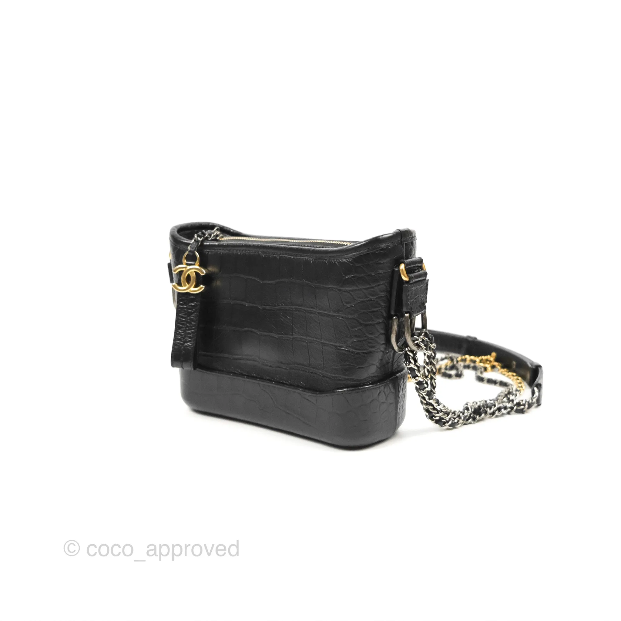 Chanel Small Gabrielle Hobo with Logo Handle Black Croc Embossed Calfskin