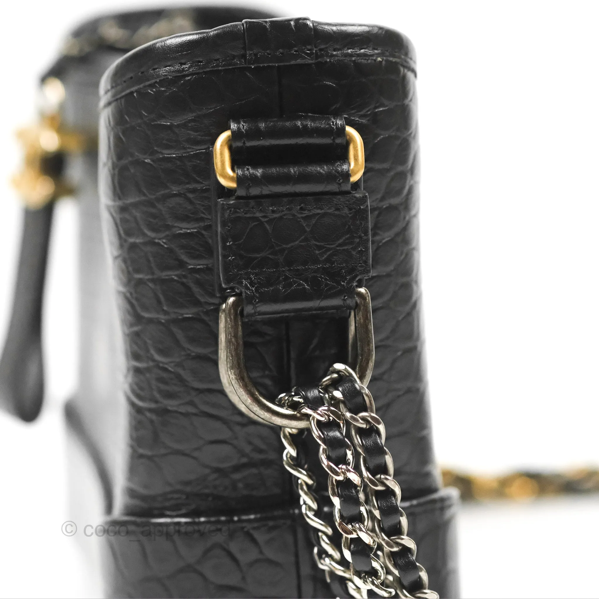 Chanel Small Gabrielle Hobo with Logo Handle Black Croc Embossed Calfskin