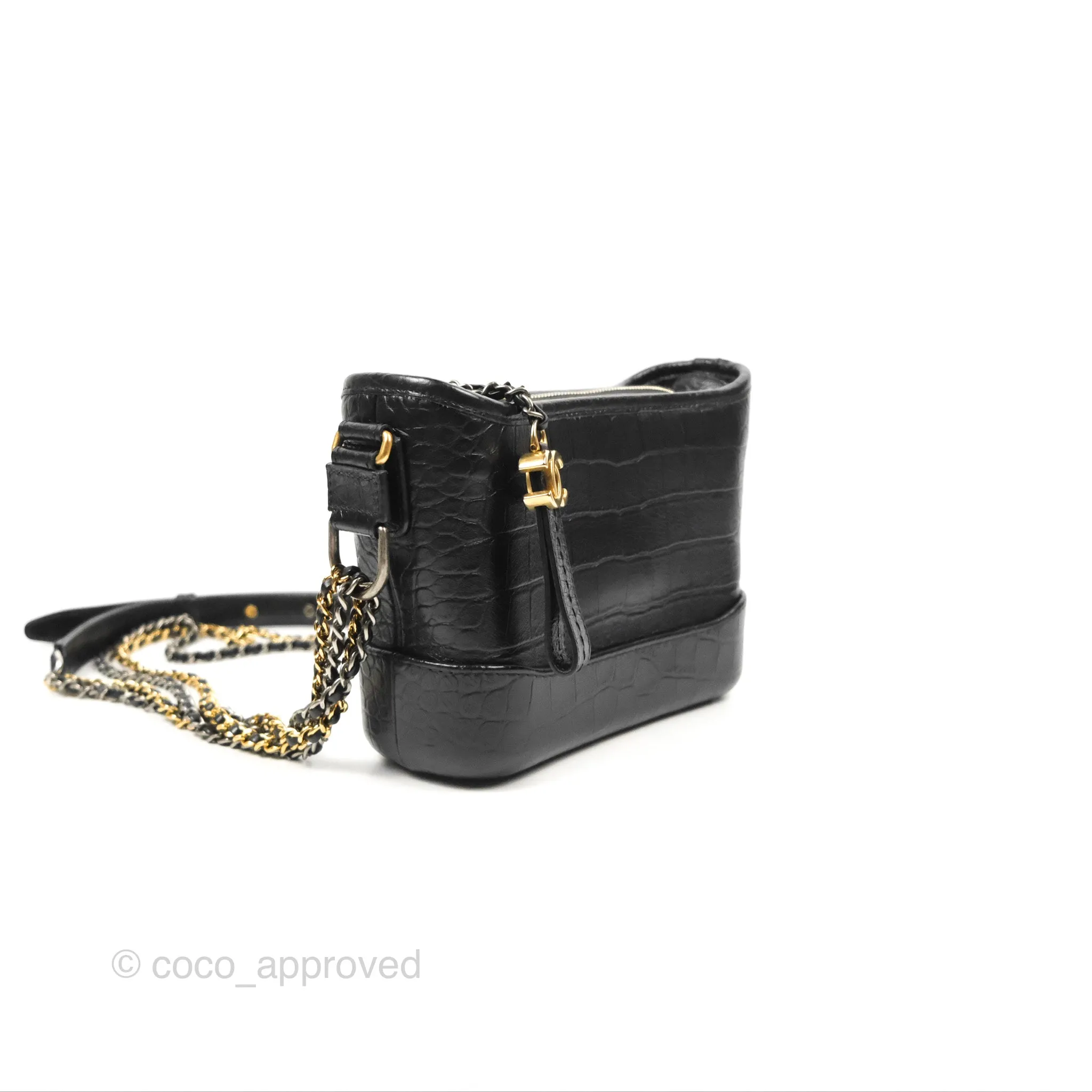 Chanel Small Gabrielle Hobo with Logo Handle Black Croc Embossed Calfskin