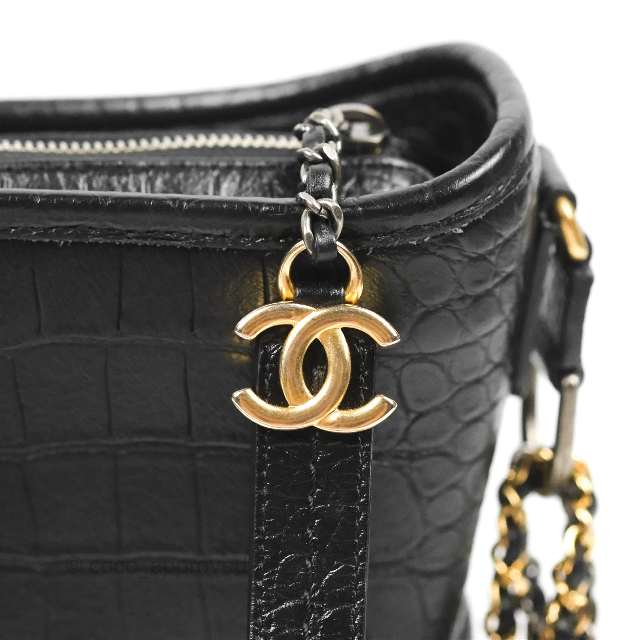 Chanel Small Gabrielle Hobo with Logo Handle Black Croc Embossed Calfskin