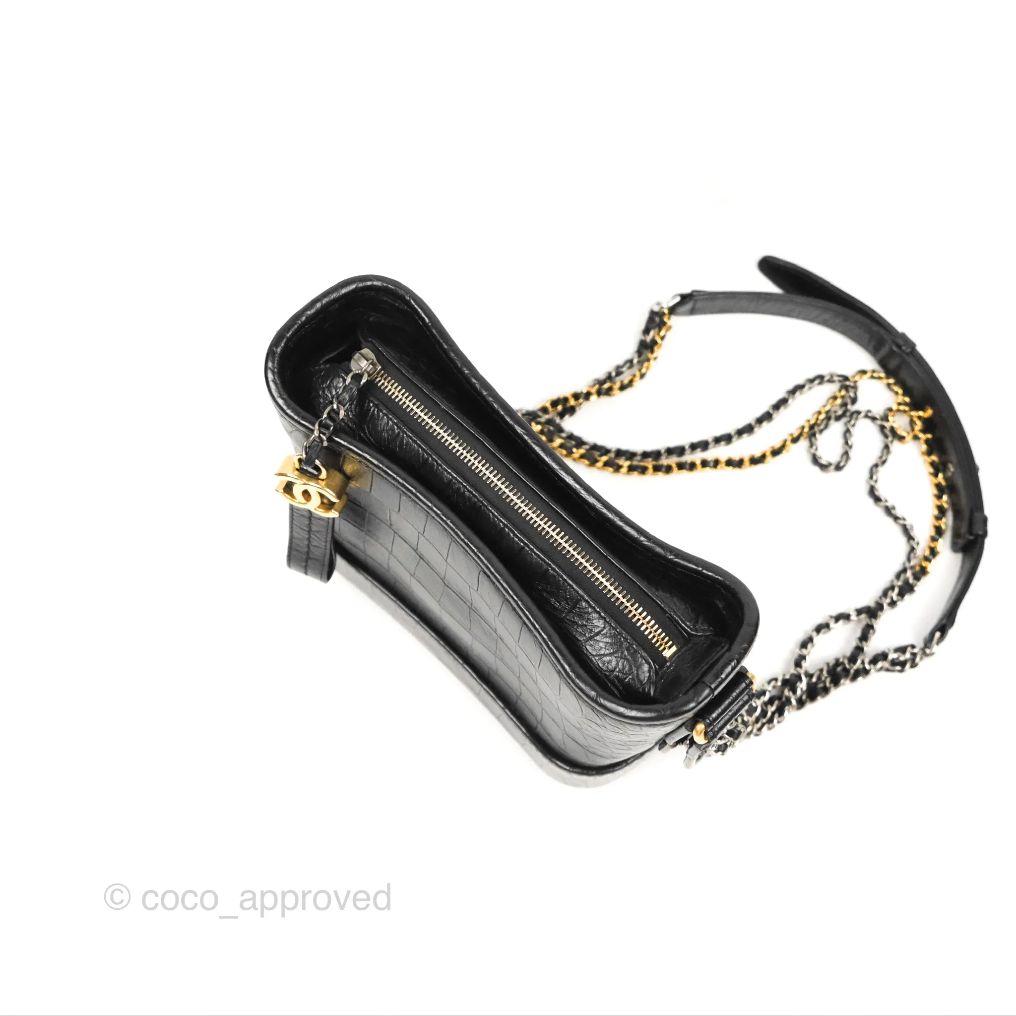 Chanel Small Gabrielle Hobo with Logo Handle Black Croc Embossed Calfskin