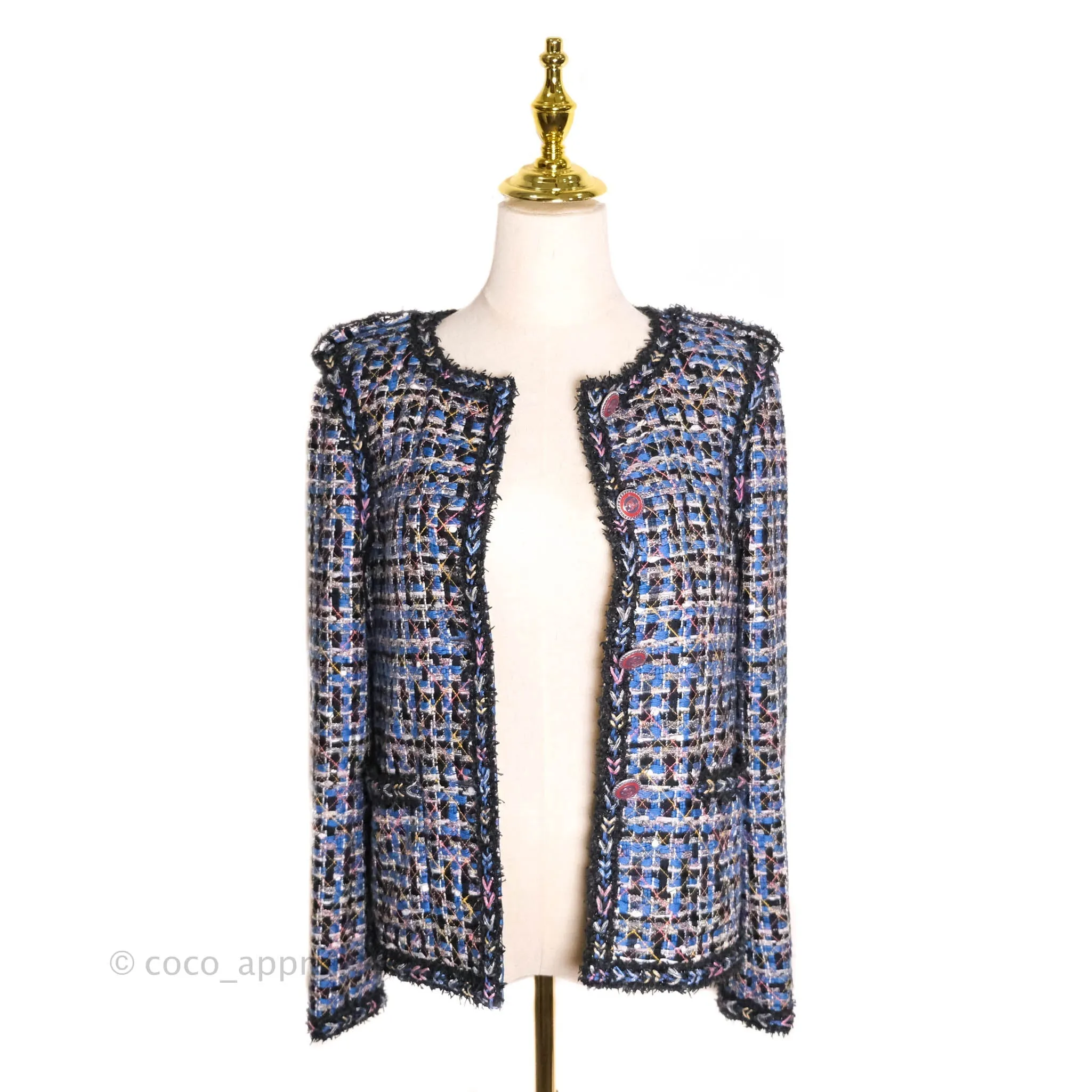 Chanel Tweed Blue & Black Button Front Jacket