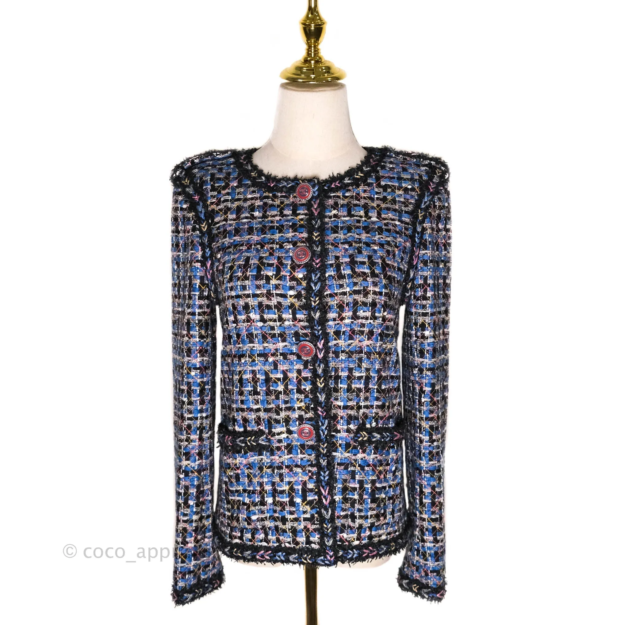 Chanel Tweed Blue & Black Button Front Jacket