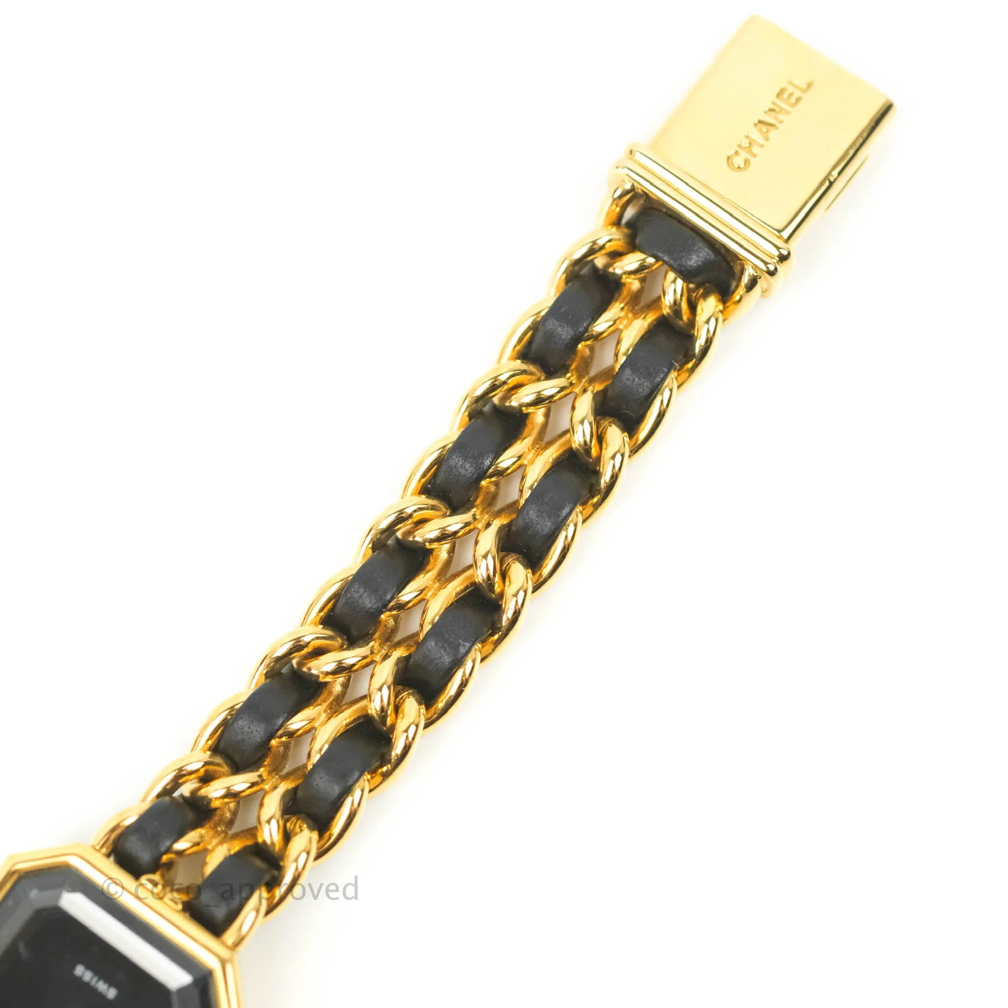 Chanel Vintage Premire Watch Black Leather Gold Plated Size M