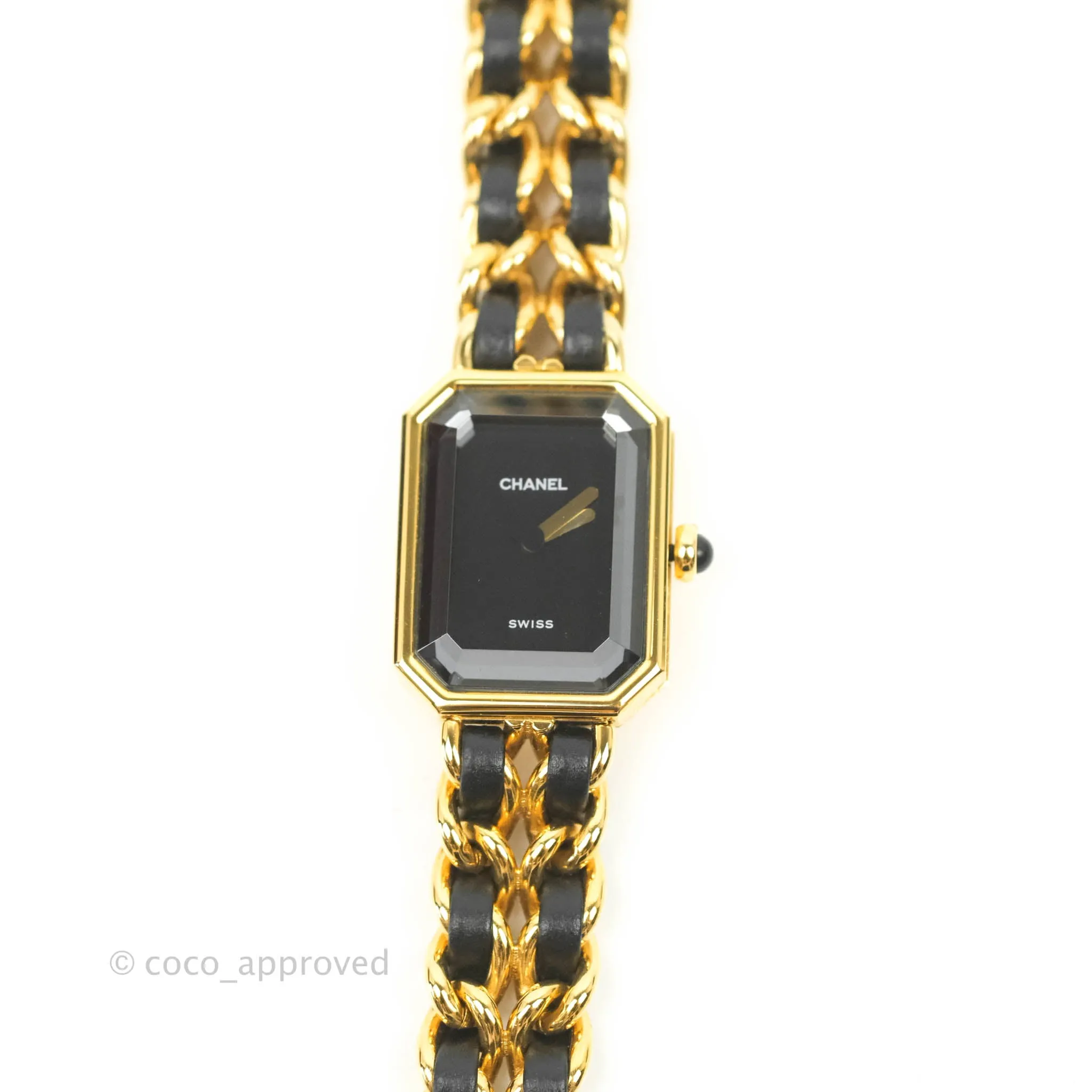 Chanel Vintage Premire Watch Black Leather Gold Plated Size M