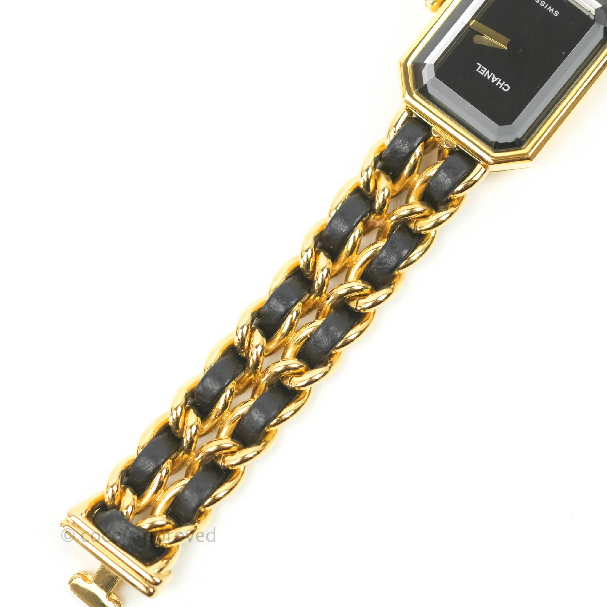 Chanel Vintage Premire Watch Black Leather Gold Plated Size M