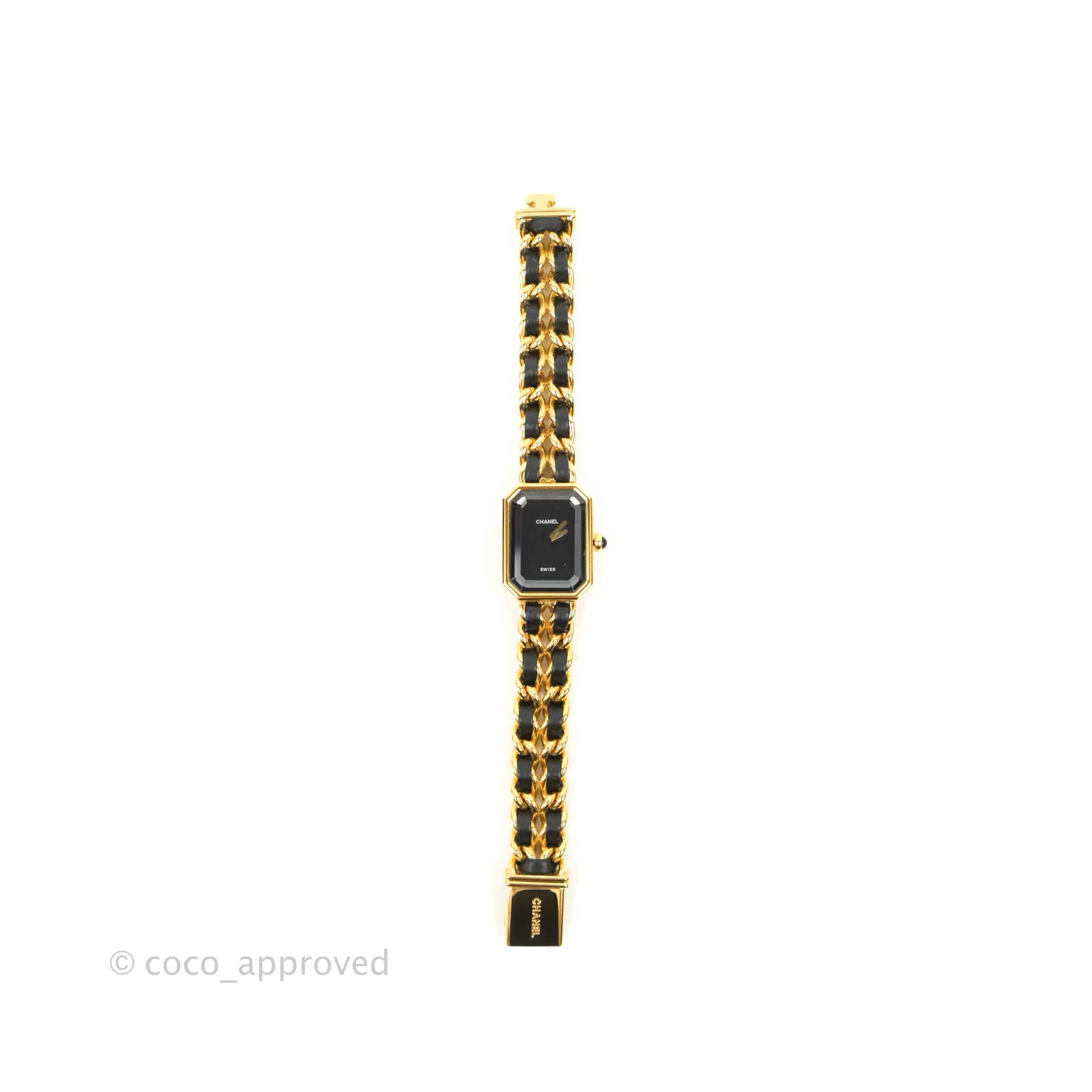 Chanel Vintage Premire Watch Black Leather Gold Plated Size M