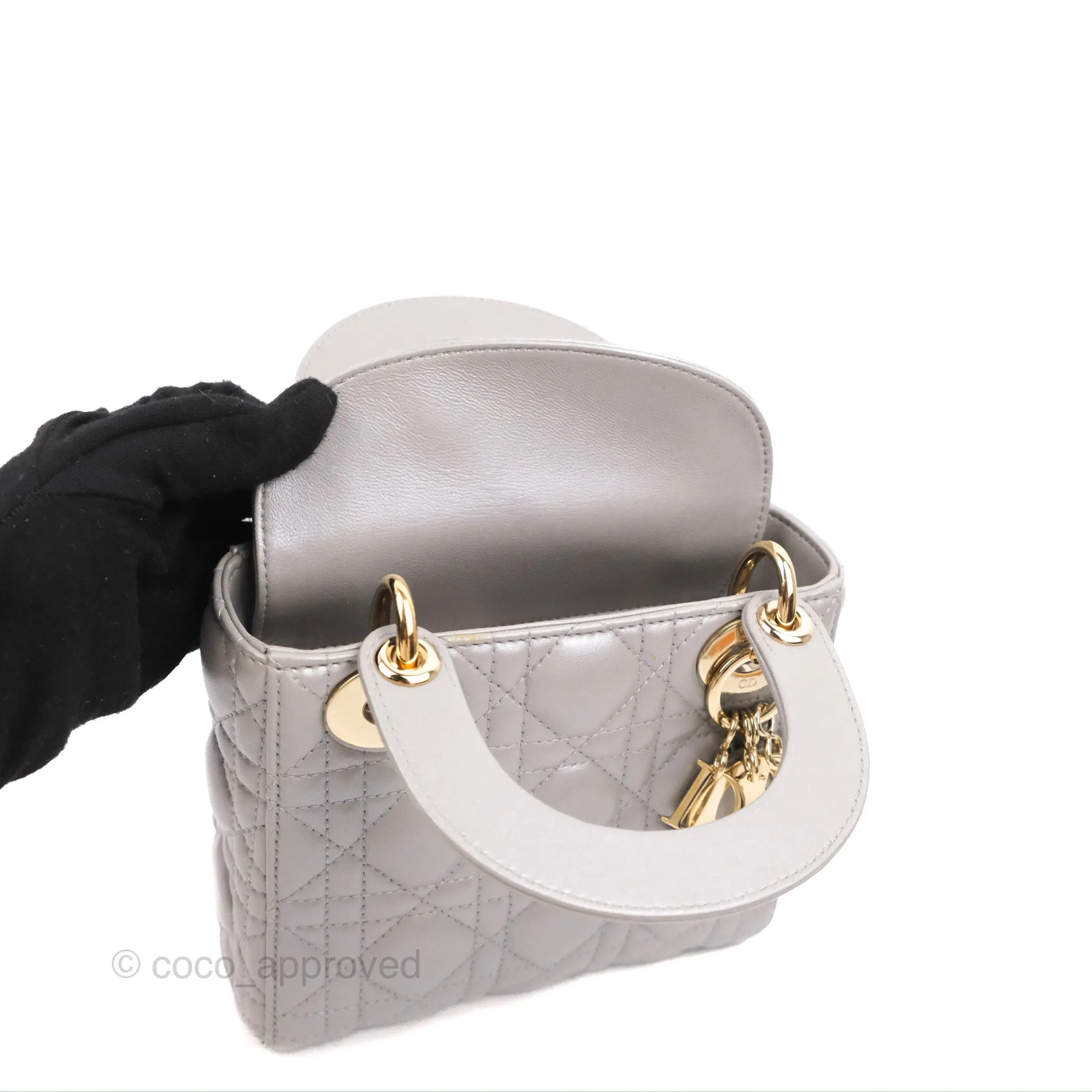 Christian Dior Calfskin Cannage Mini Lady Dior Grey Gold Hardware