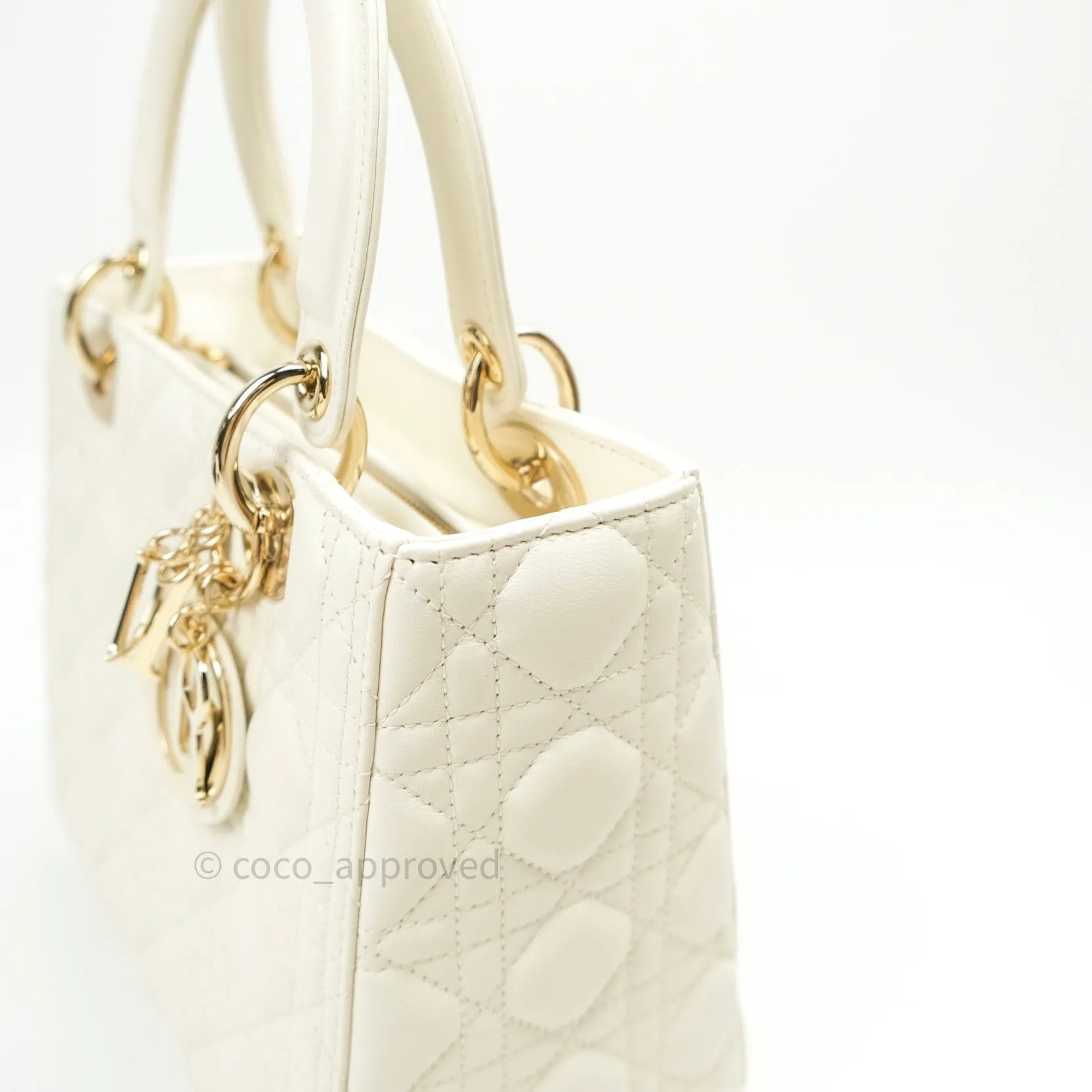 Christian Dior Lambskin Medium Lady Dior Ivory White Gold Hardware