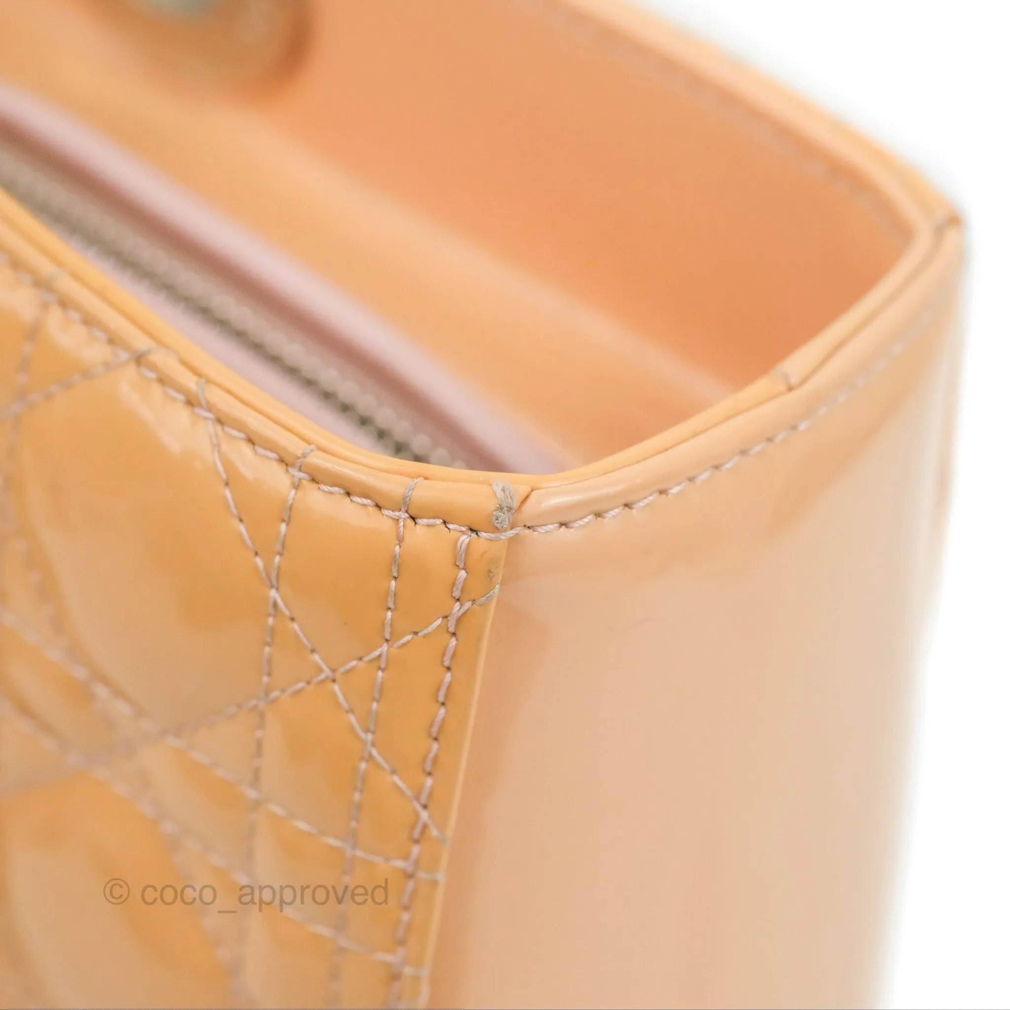 Christian Dior Large Lady Dior Cannage Orange Beige Patent Silver Hardware