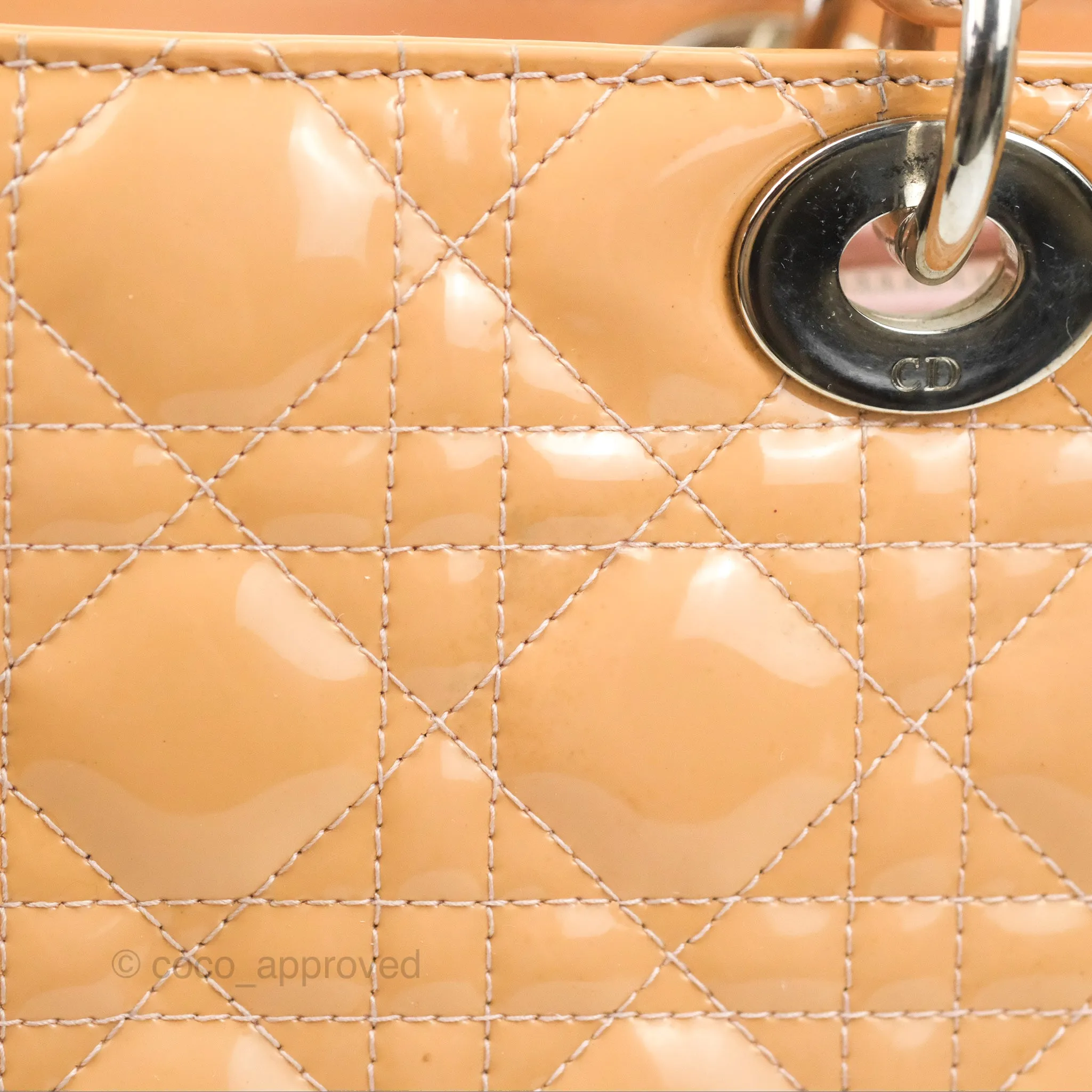 Christian Dior Large Lady Dior Cannage Orange Beige Patent Silver Hardware