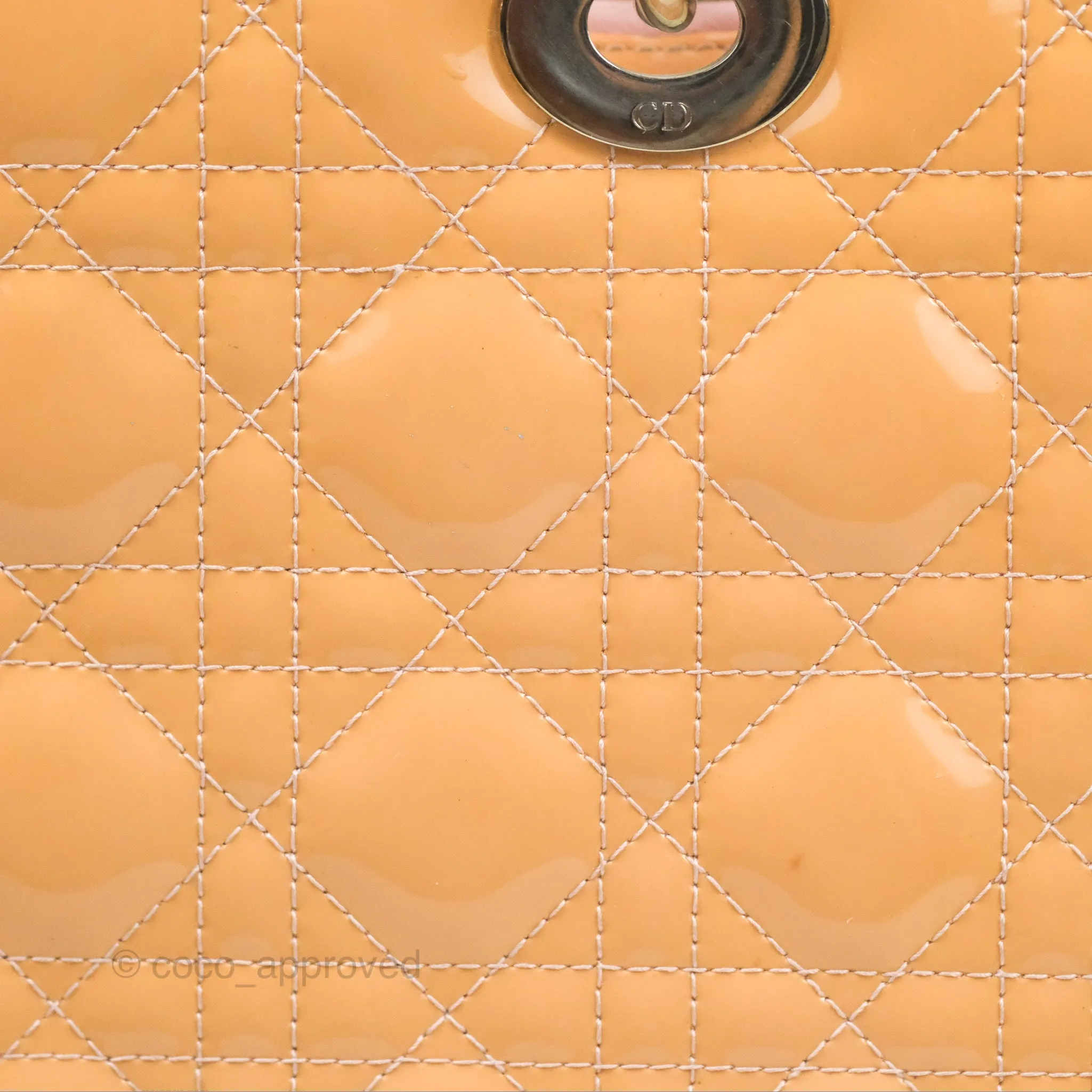 Christian Dior Large Lady Dior Cannage Orange Beige Patent Silver Hardware