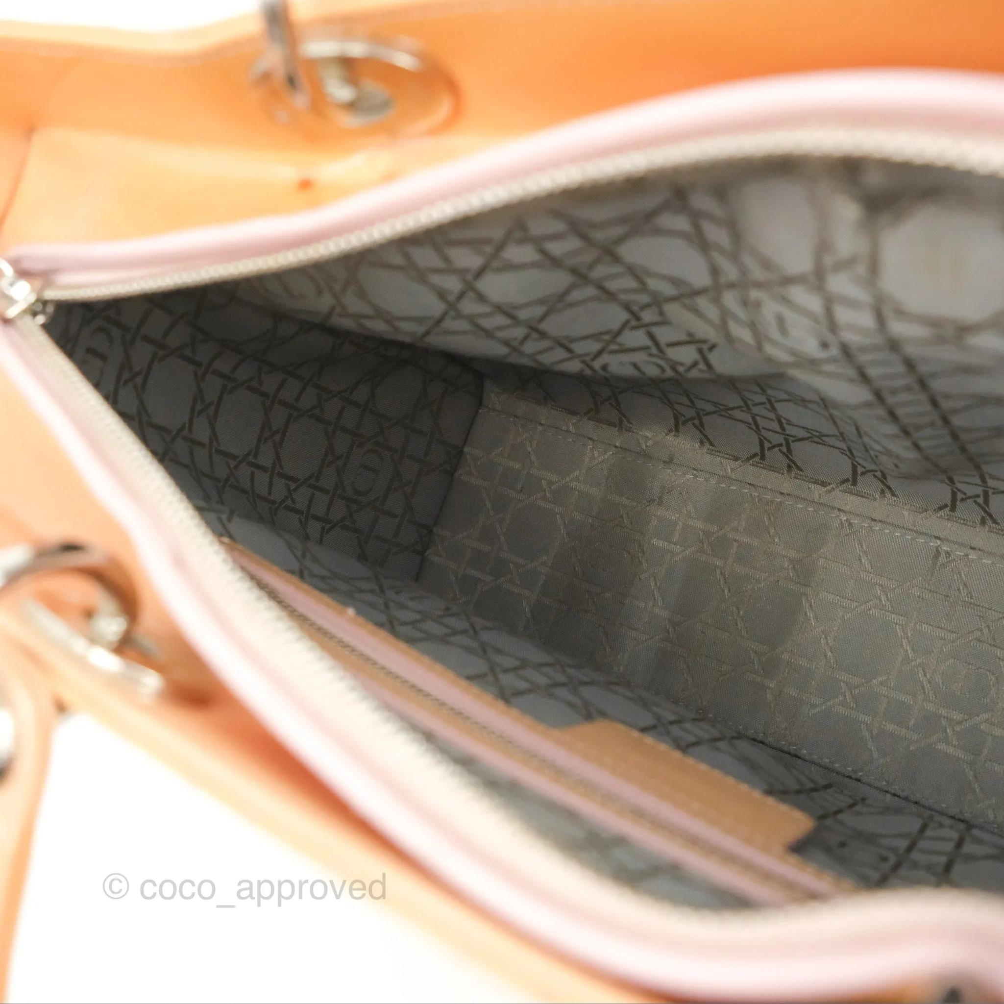Christian Dior Large Lady Dior Cannage Orange Beige Patent Silver Hardware