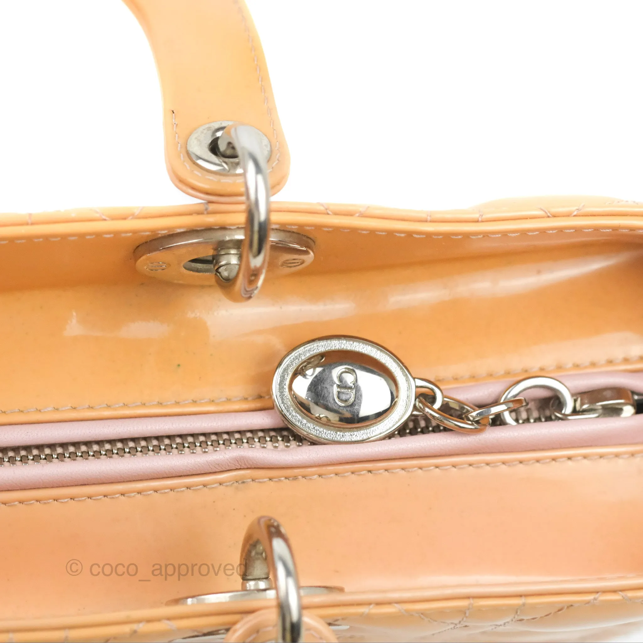 Christian Dior Large Lady Dior Cannage Orange Beige Patent Silver Hardware