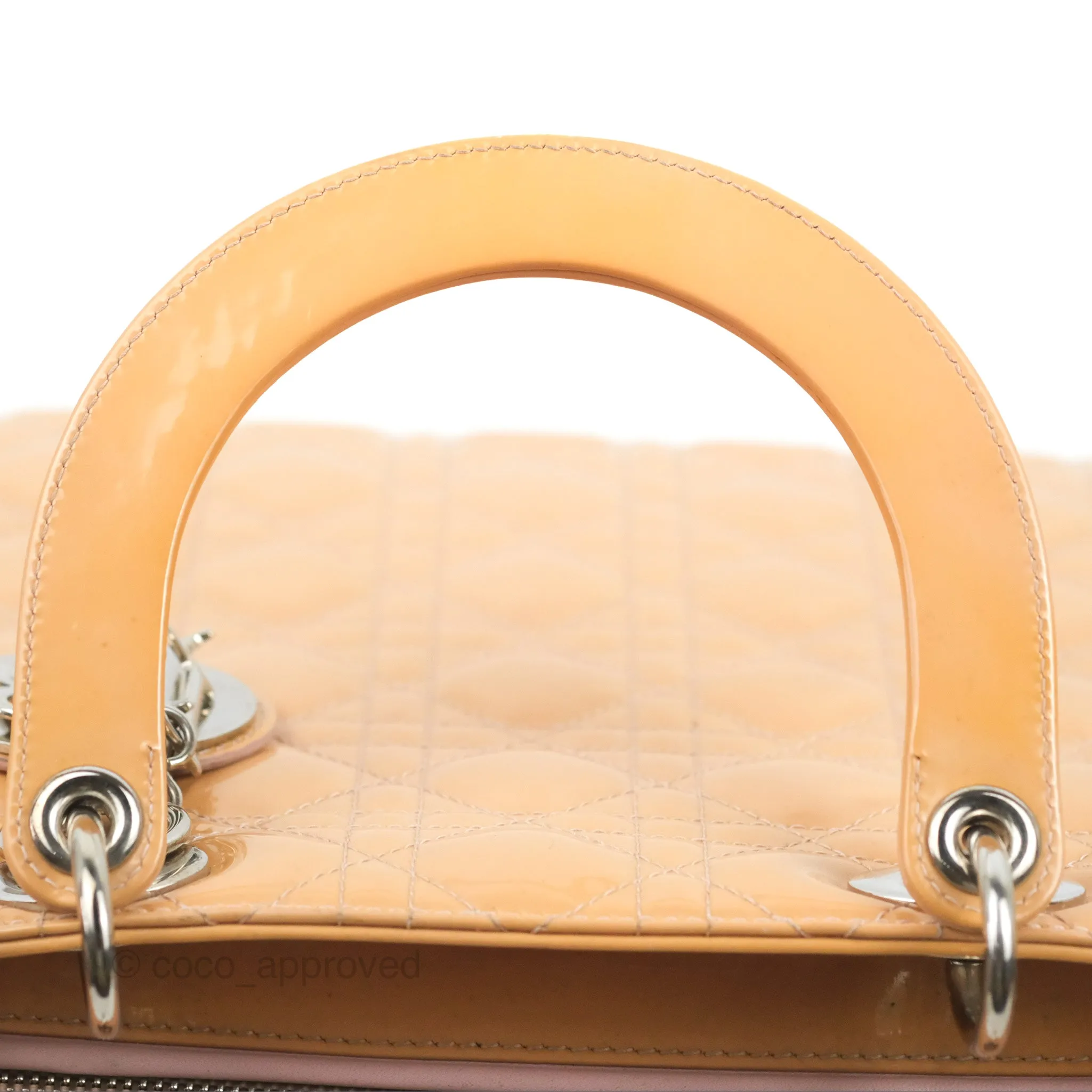 Christian Dior Large Lady Dior Cannage Orange Beige Patent Silver Hardware