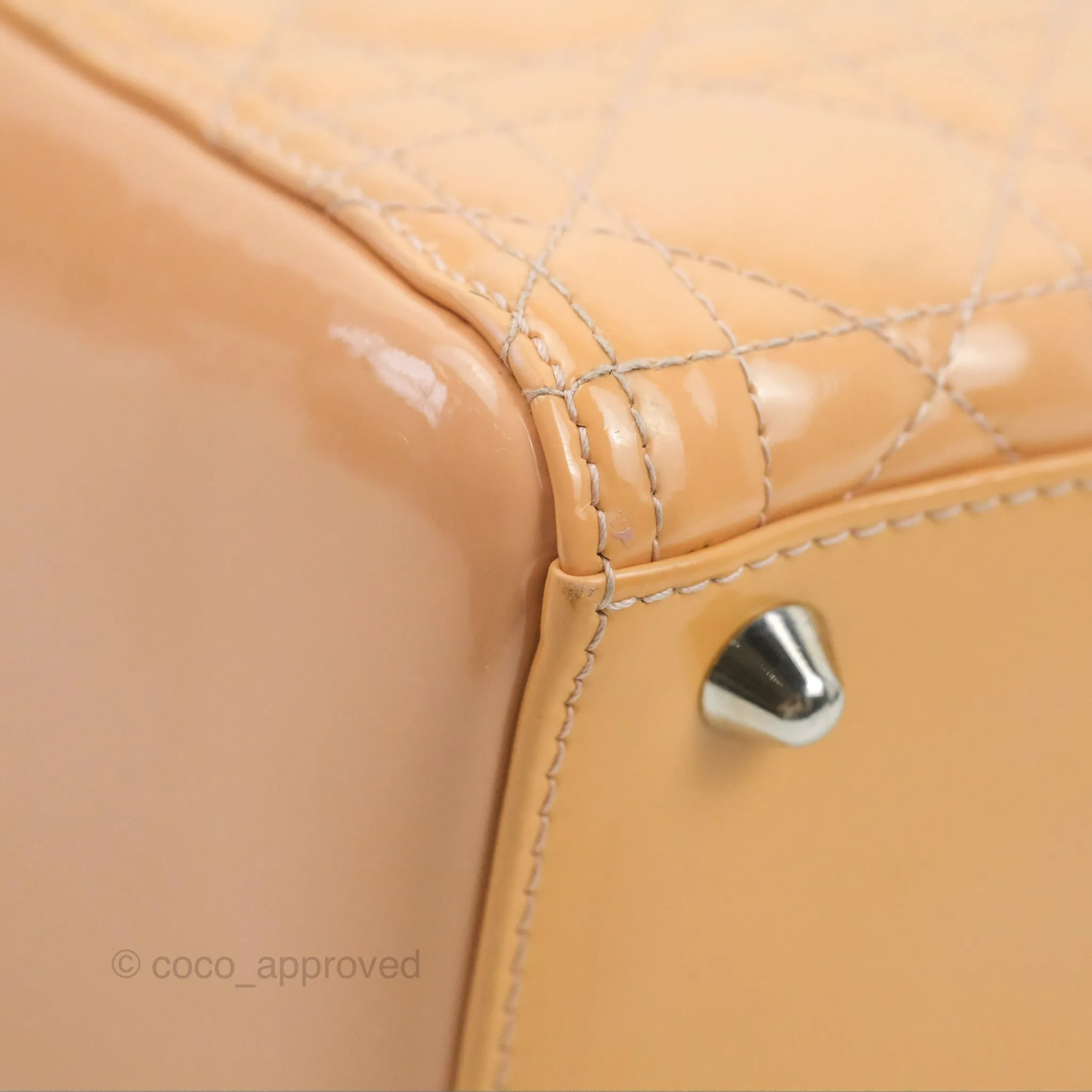 Christian Dior Large Lady Dior Cannage Orange Beige Patent Silver Hardware