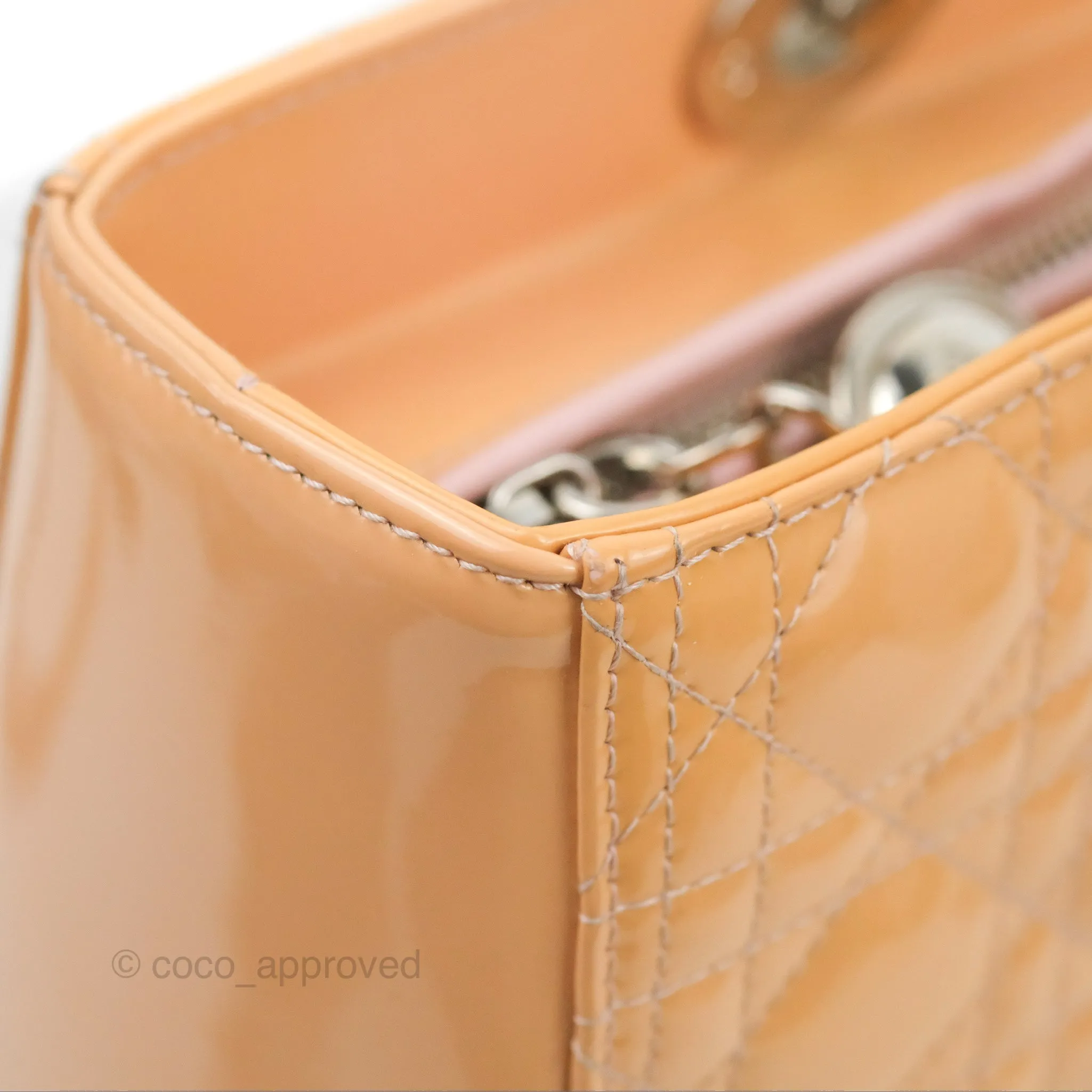 Christian Dior Large Lady Dior Cannage Orange Beige Patent Silver Hardware