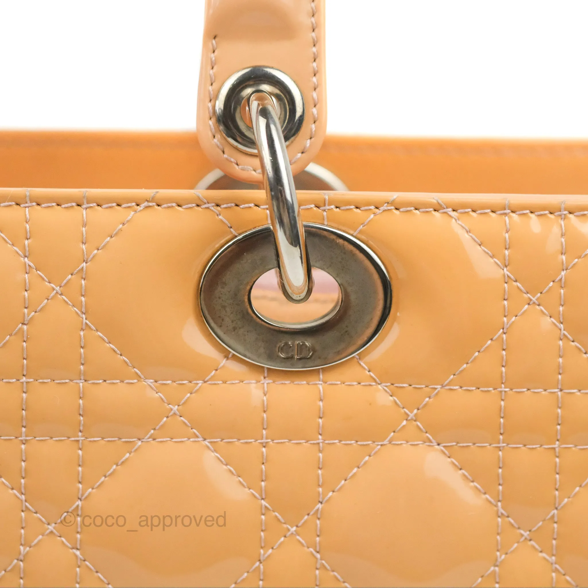 Christian Dior Large Lady Dior Cannage Orange Beige Patent Silver Hardware
