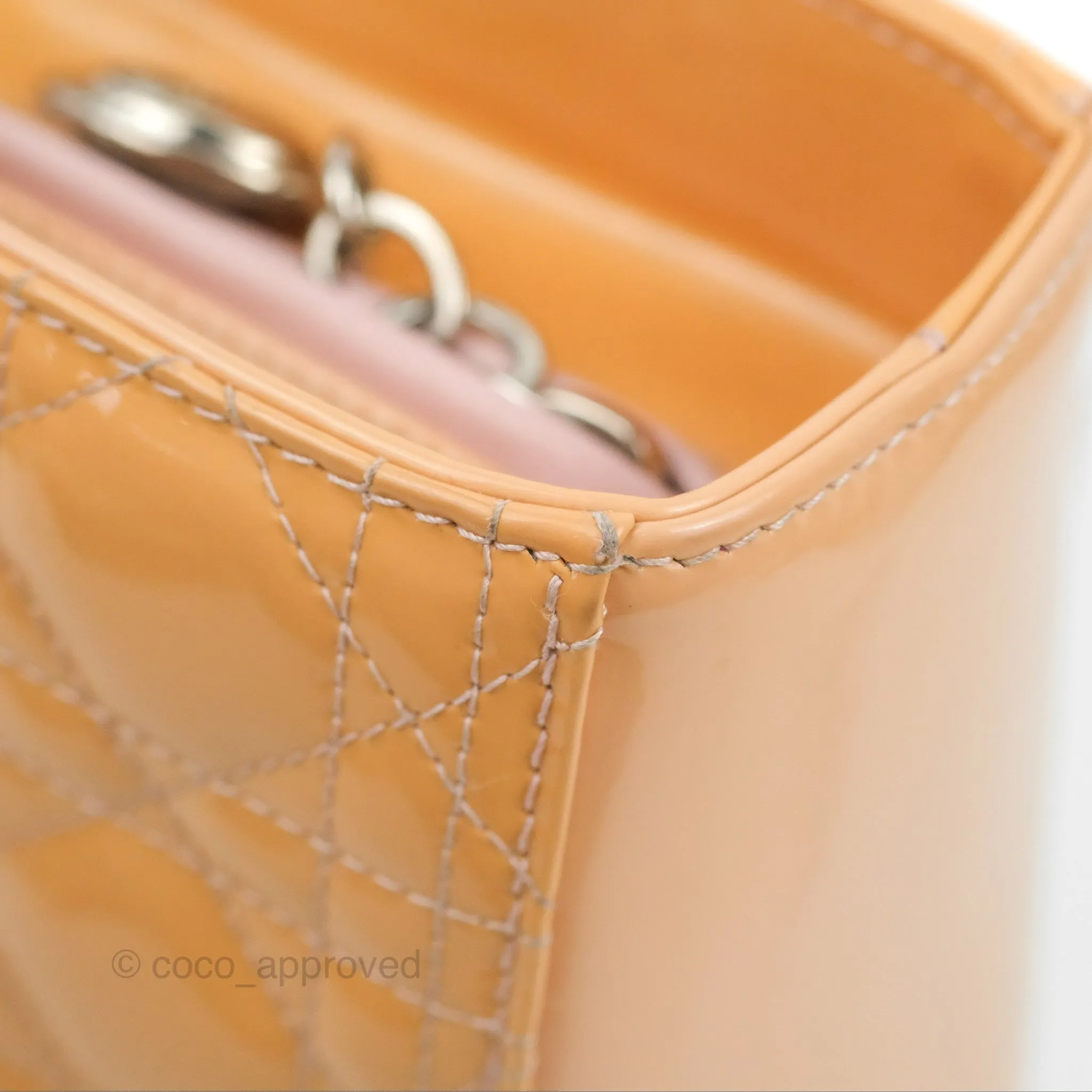 Christian Dior Large Lady Dior Cannage Orange Beige Patent Silver Hardware