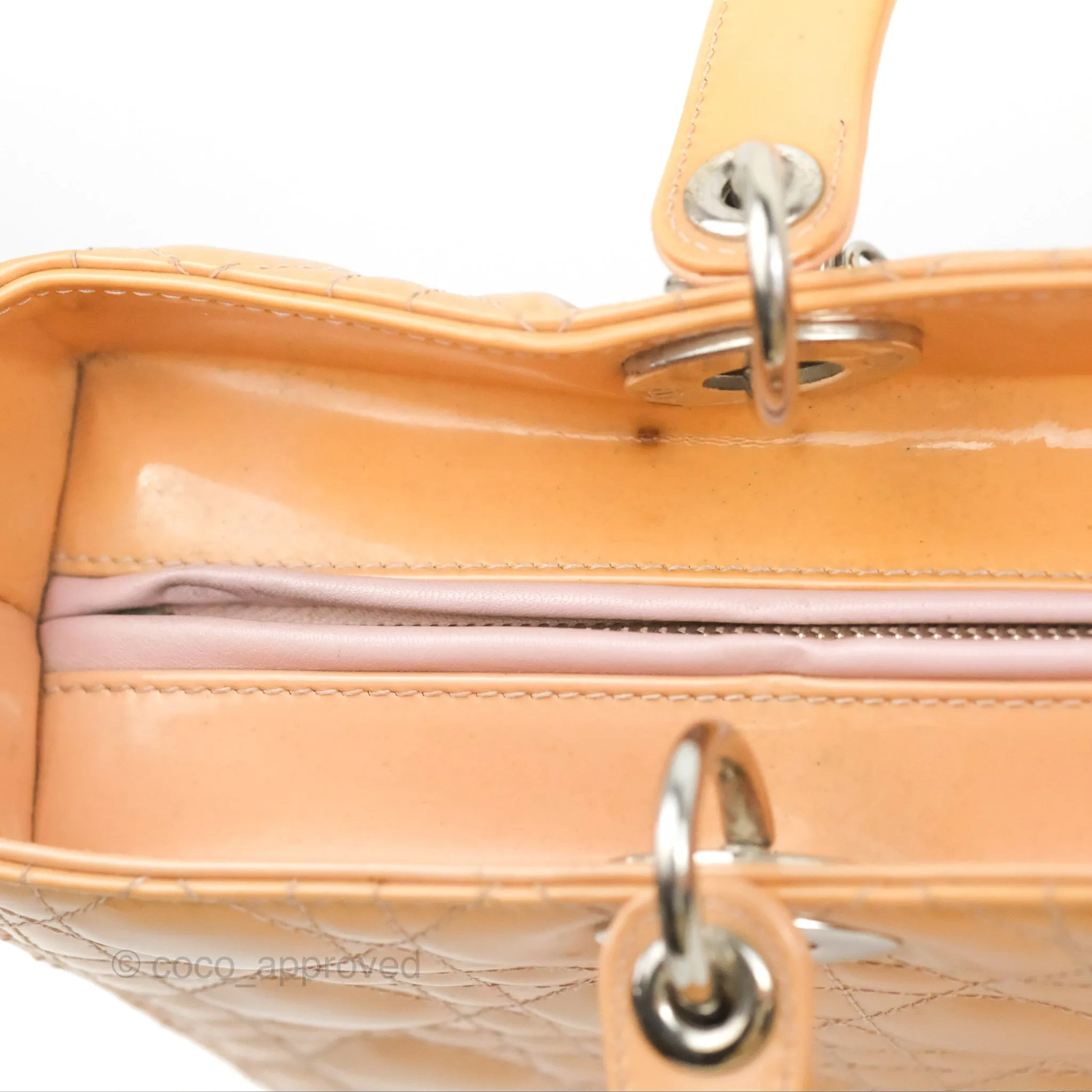 Christian Dior Large Lady Dior Cannage Orange Beige Patent Silver Hardware