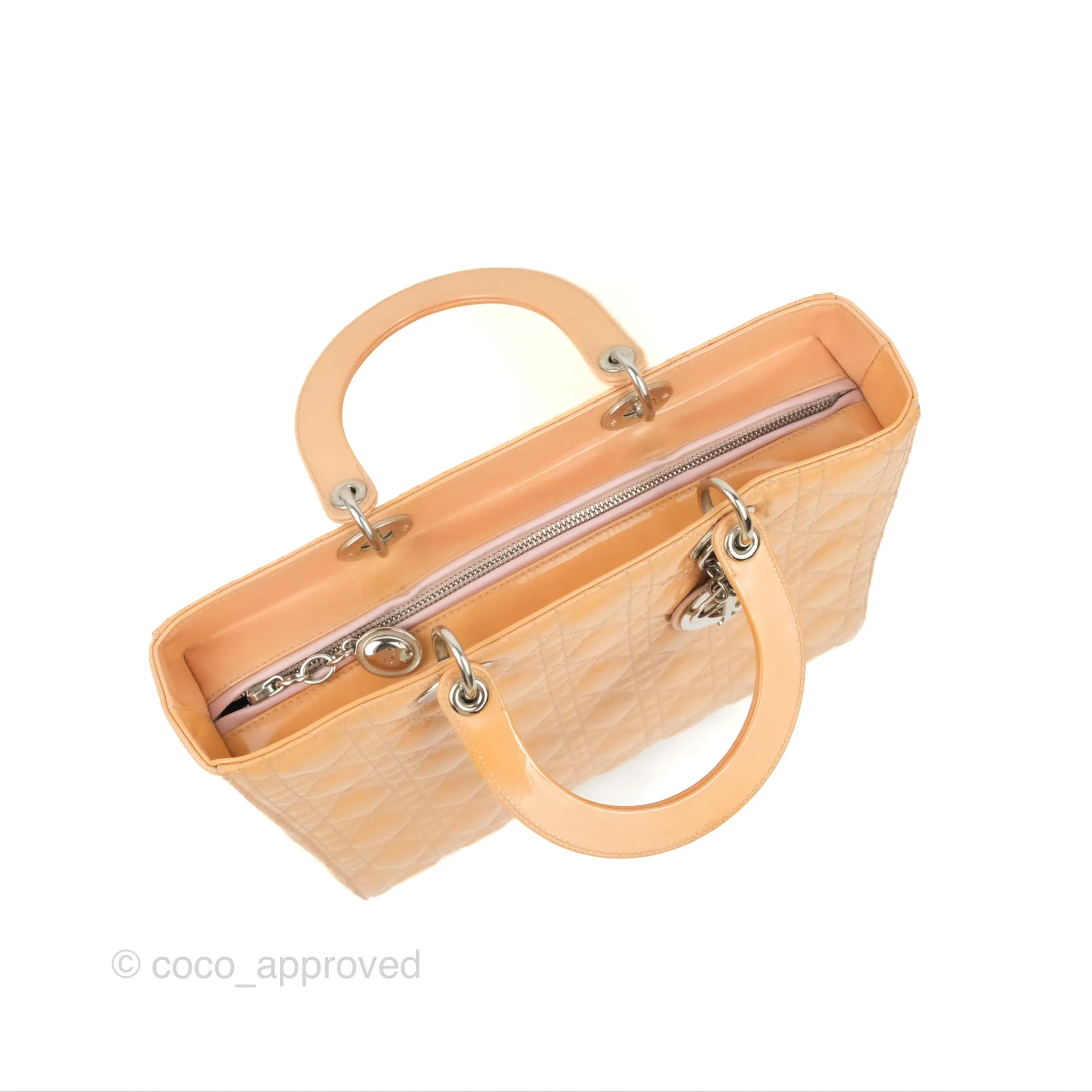 Christian Dior Large Lady Dior Cannage Orange Beige Patent Silver Hardware