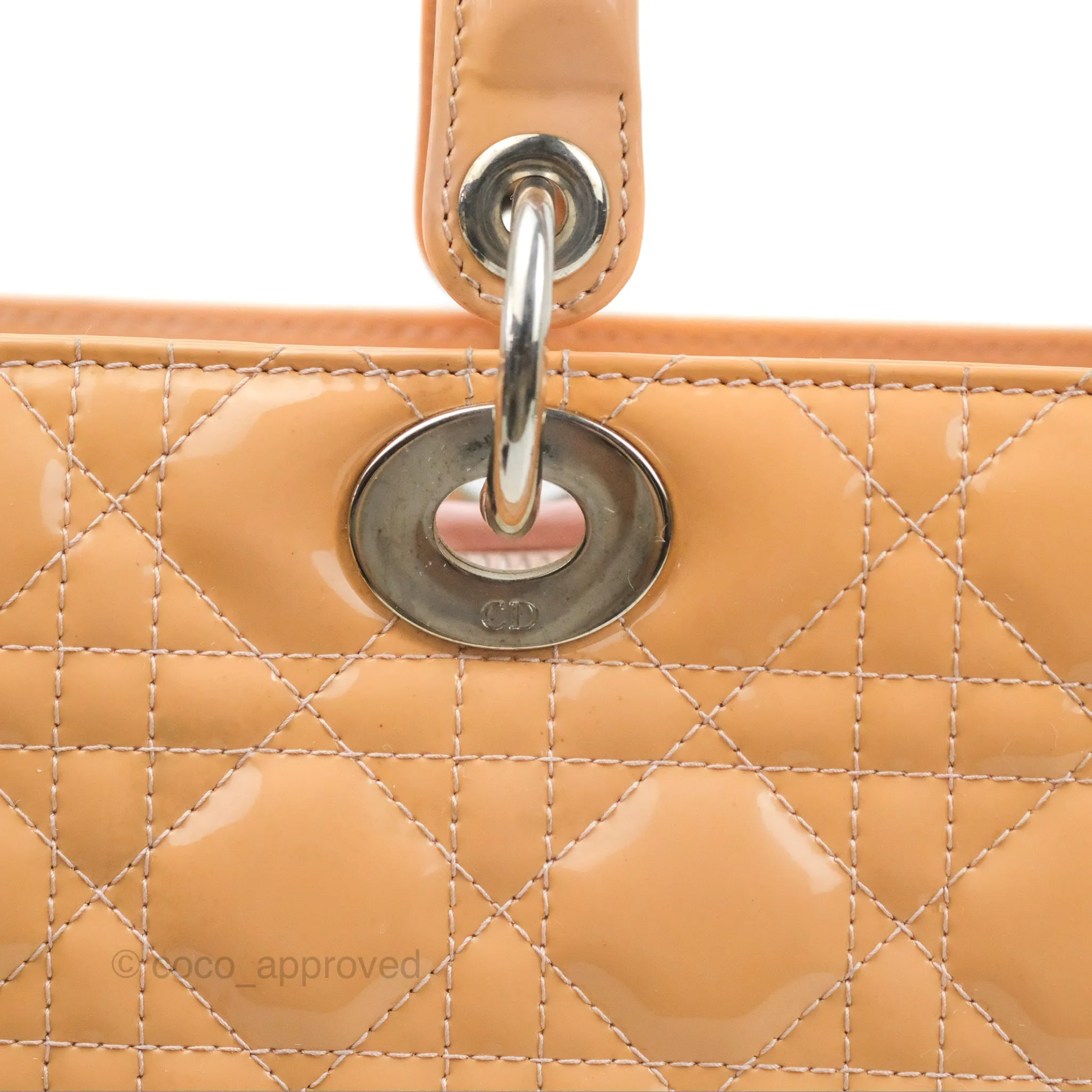 Christian Dior Large Lady Dior Cannage Orange Beige Patent Silver Hardware