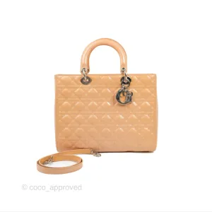 Christian Dior Large Lady Dior Cannage Orange Beige Patent Silver Hardware